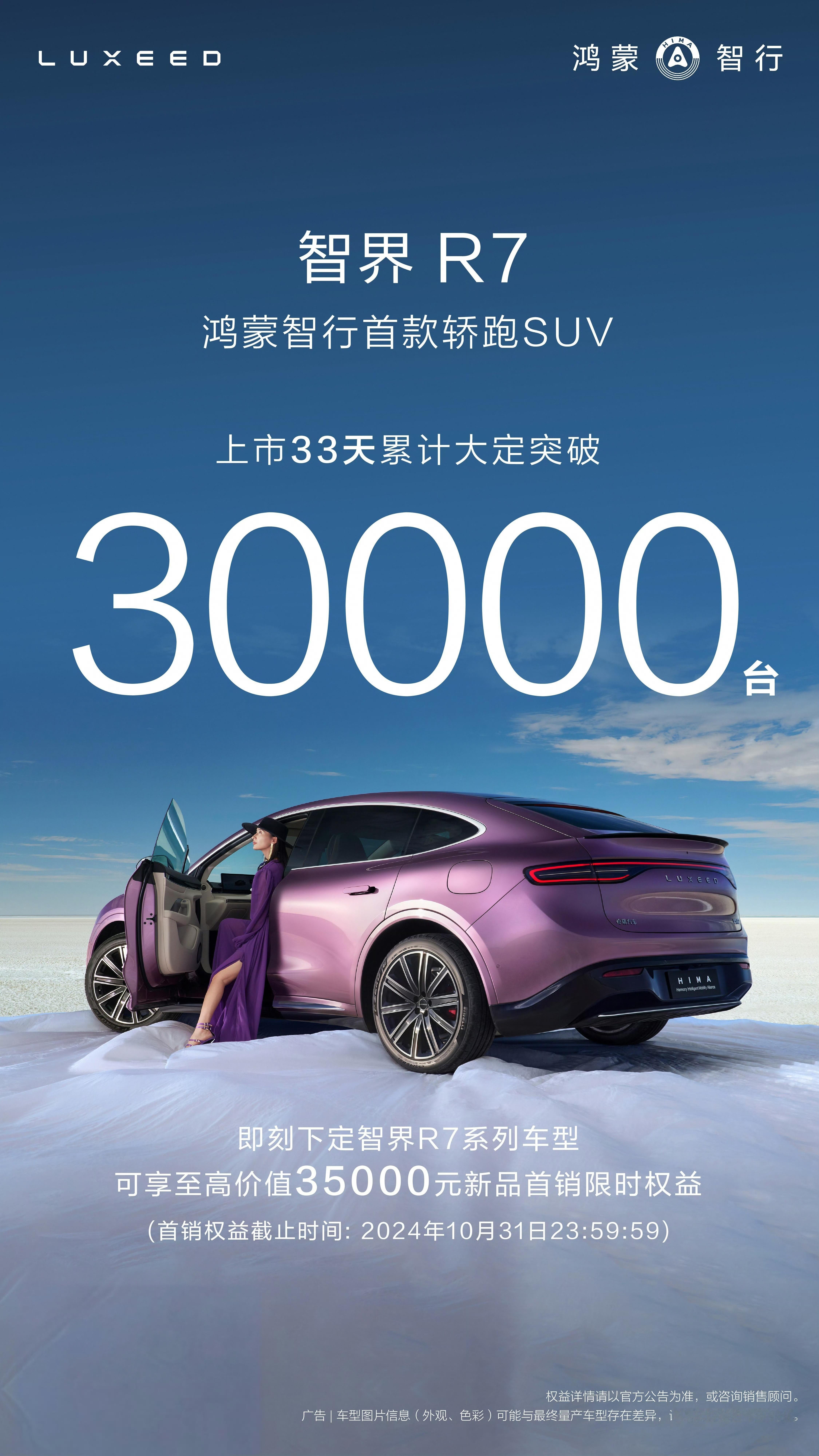 智界 R7 上市 33 天 累计大定突破 30,000台10来天新增1万台大定.