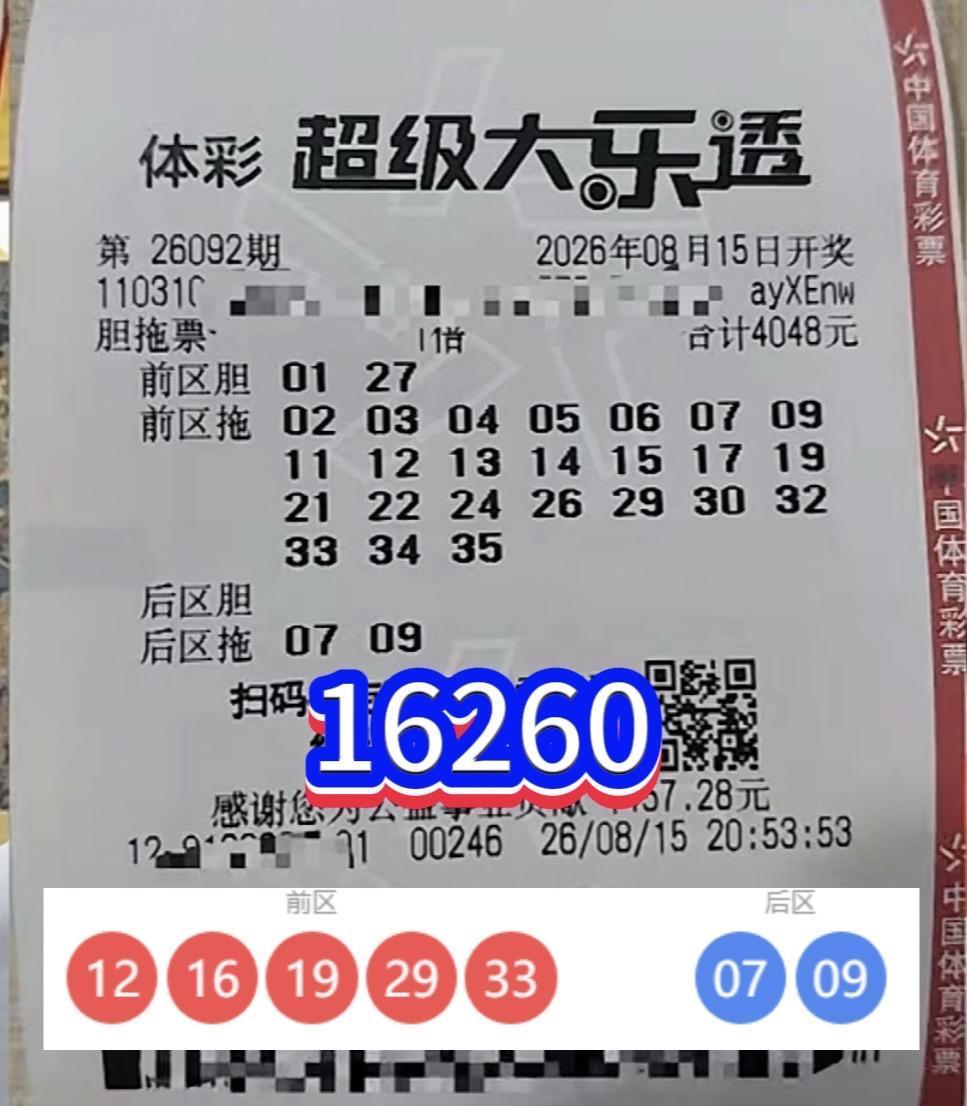 后区全部命中！上海彩民三张胆拖票收获奖金，只差胆码圆梦头奖。

大乐透26092