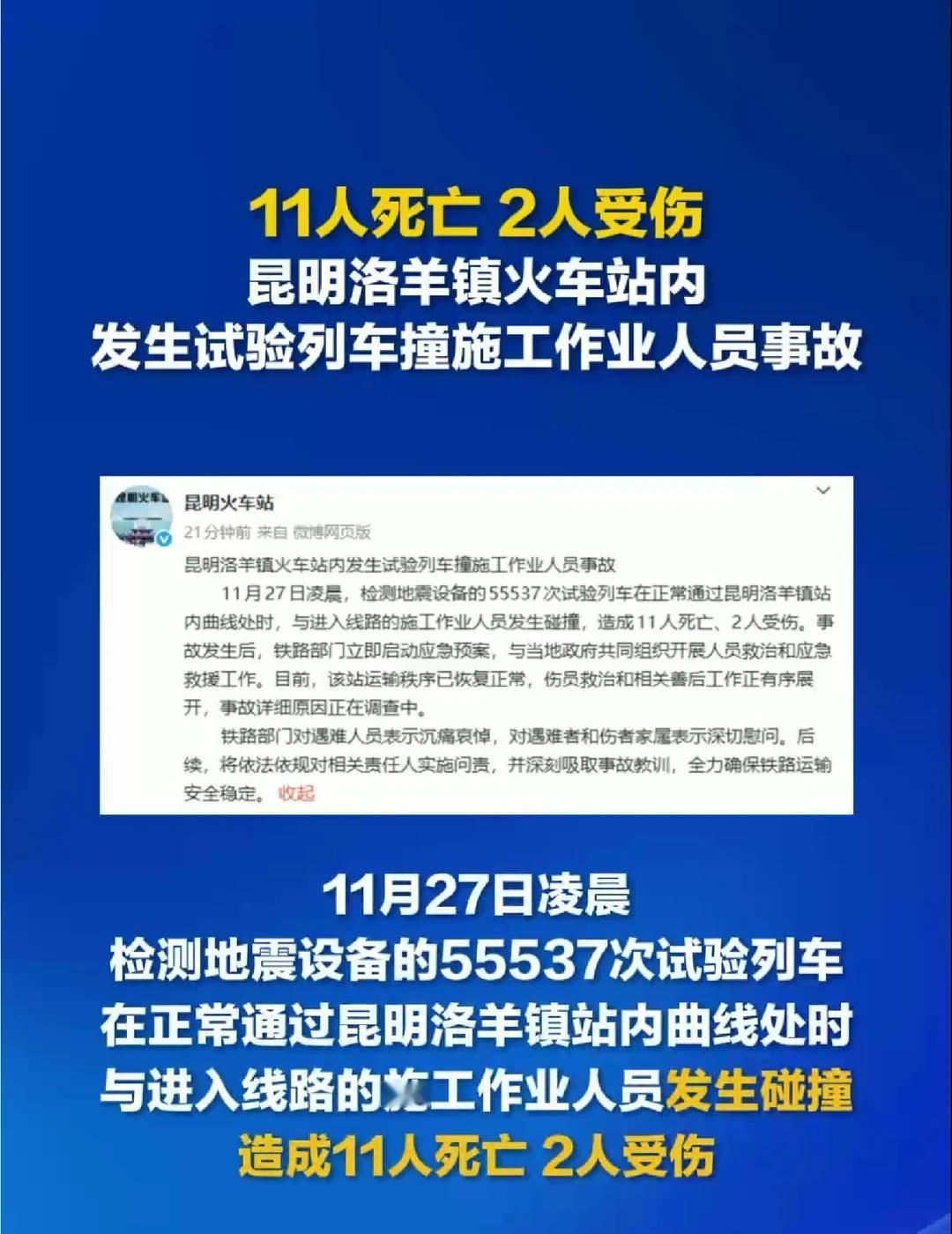 昆明一火车站试验列车撞人致11死
11月27日凌晨，昆明洛羊镇火车站内发生试验列
