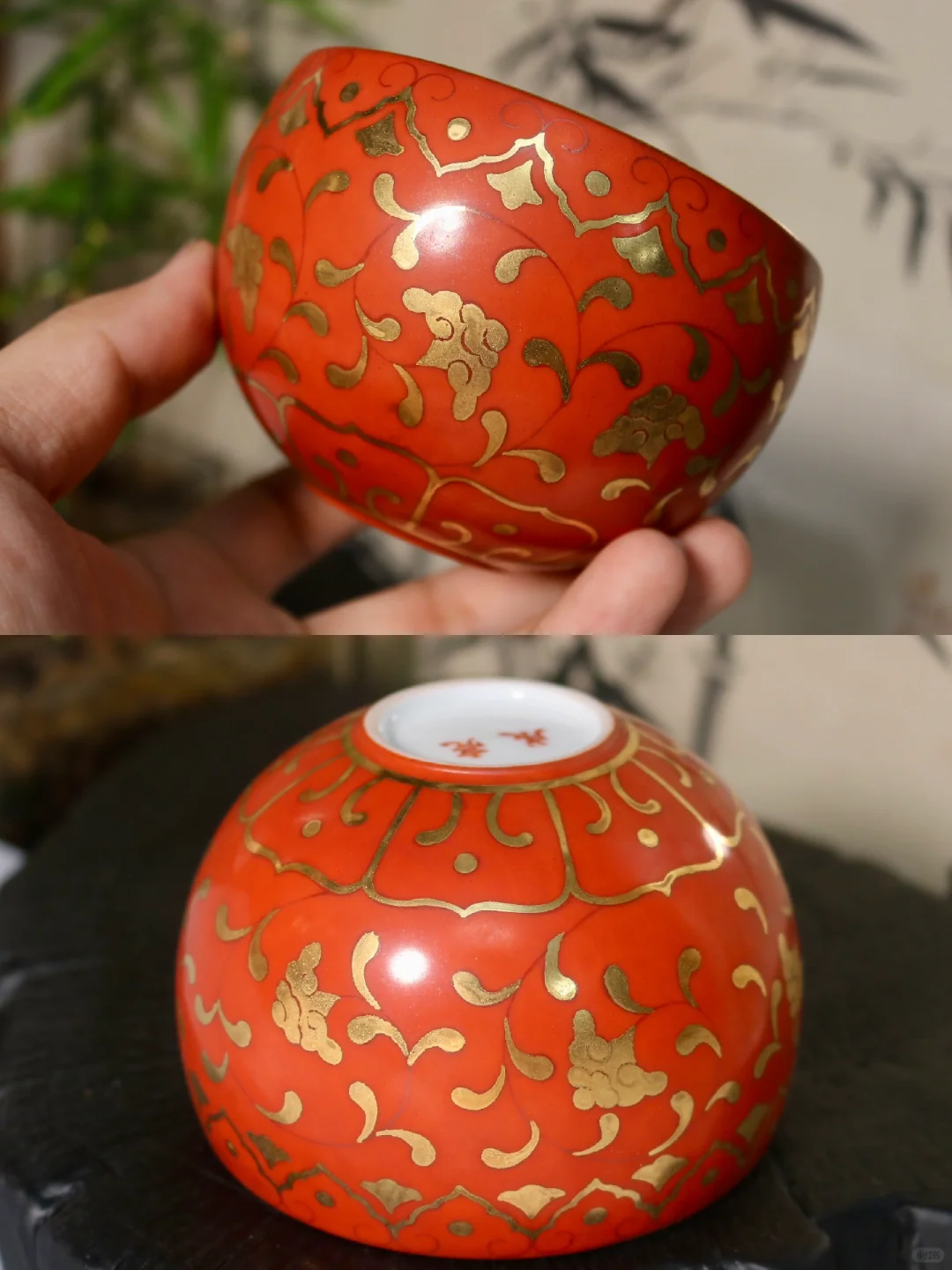 六尺珍品｜红地描金如意灵芝纹蛋杯（签名款）