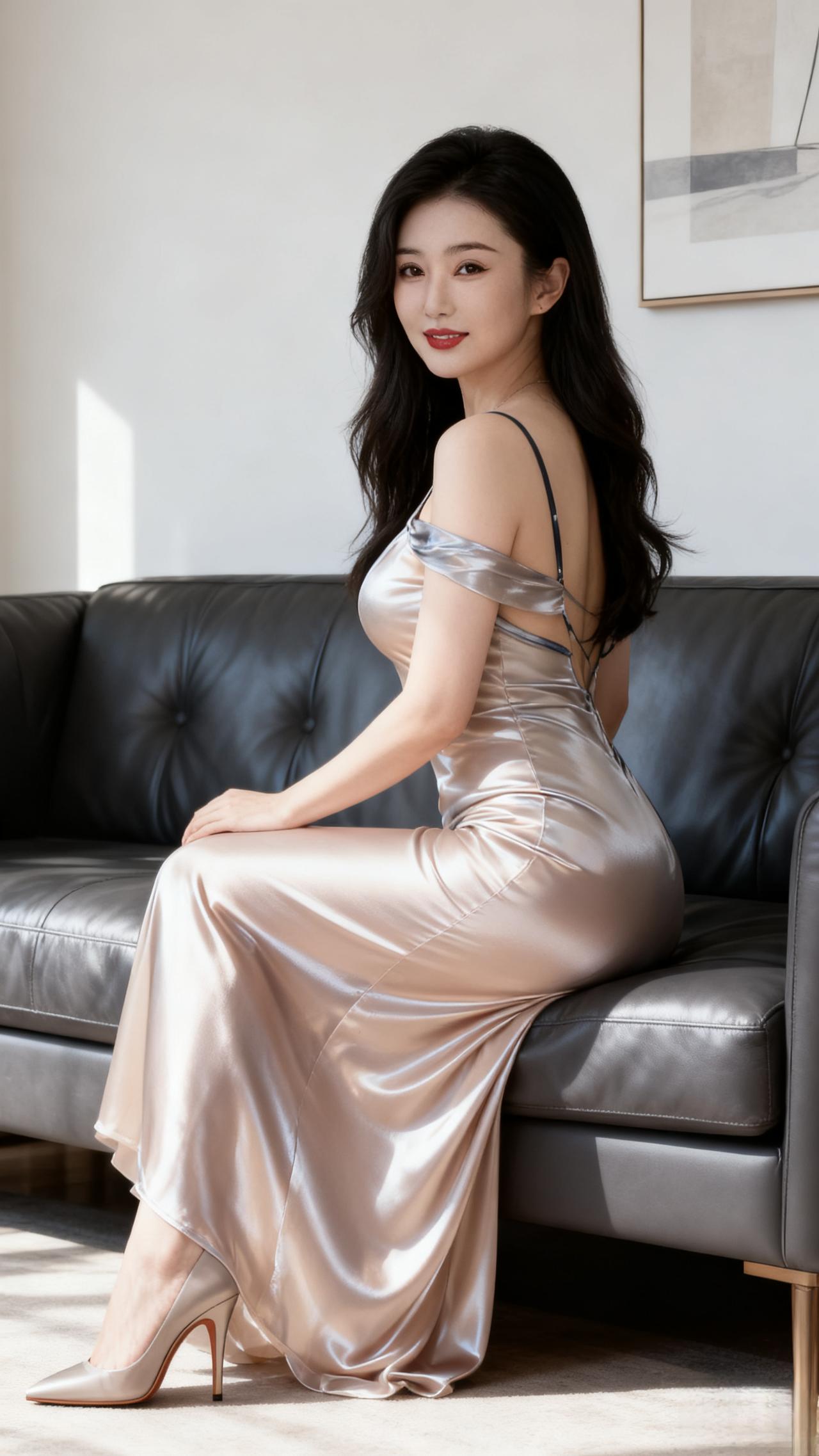 她一袭银灰色缎面长裙，金属光泽面料在日光下泛着冷调柔光，露肩与交叉露背设计勾勒出