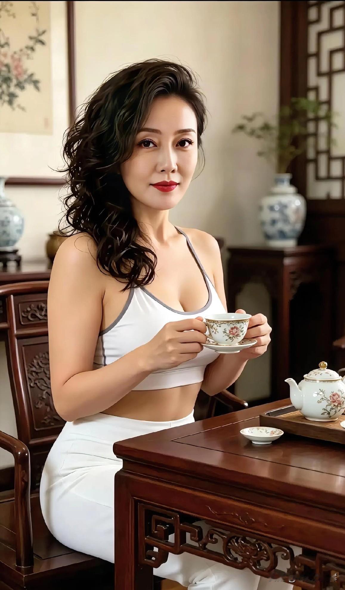 茶烟轻绕指柔，

瓷盏盛香盈袖。

黑发卷成云缕，

素衣映雪清透。

雕栏映画