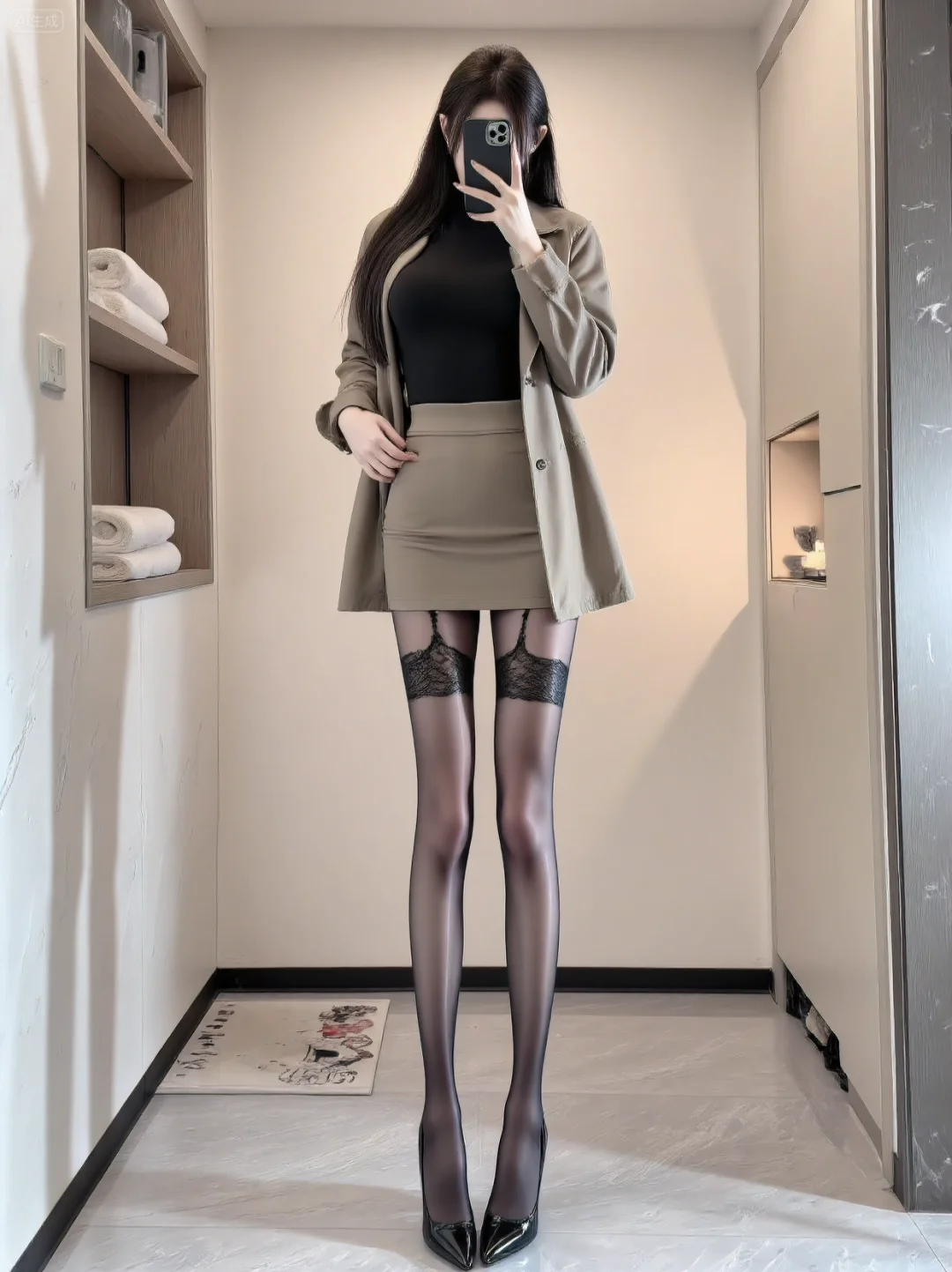 当卡其色套装遇上黑丝高跟