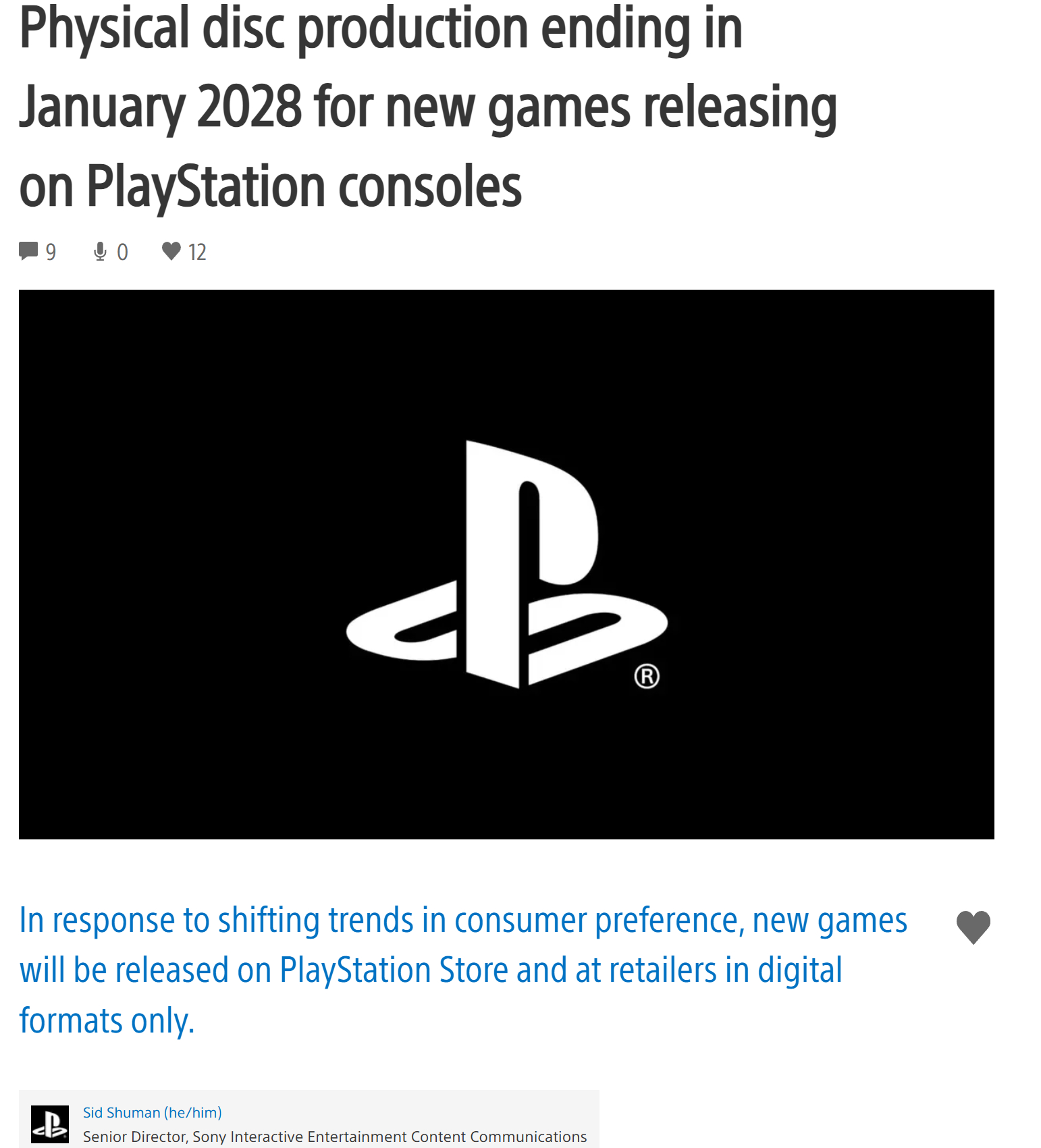 SIE宣布，自 2028 年 1 月起，所有在 PlayStation 主机上发