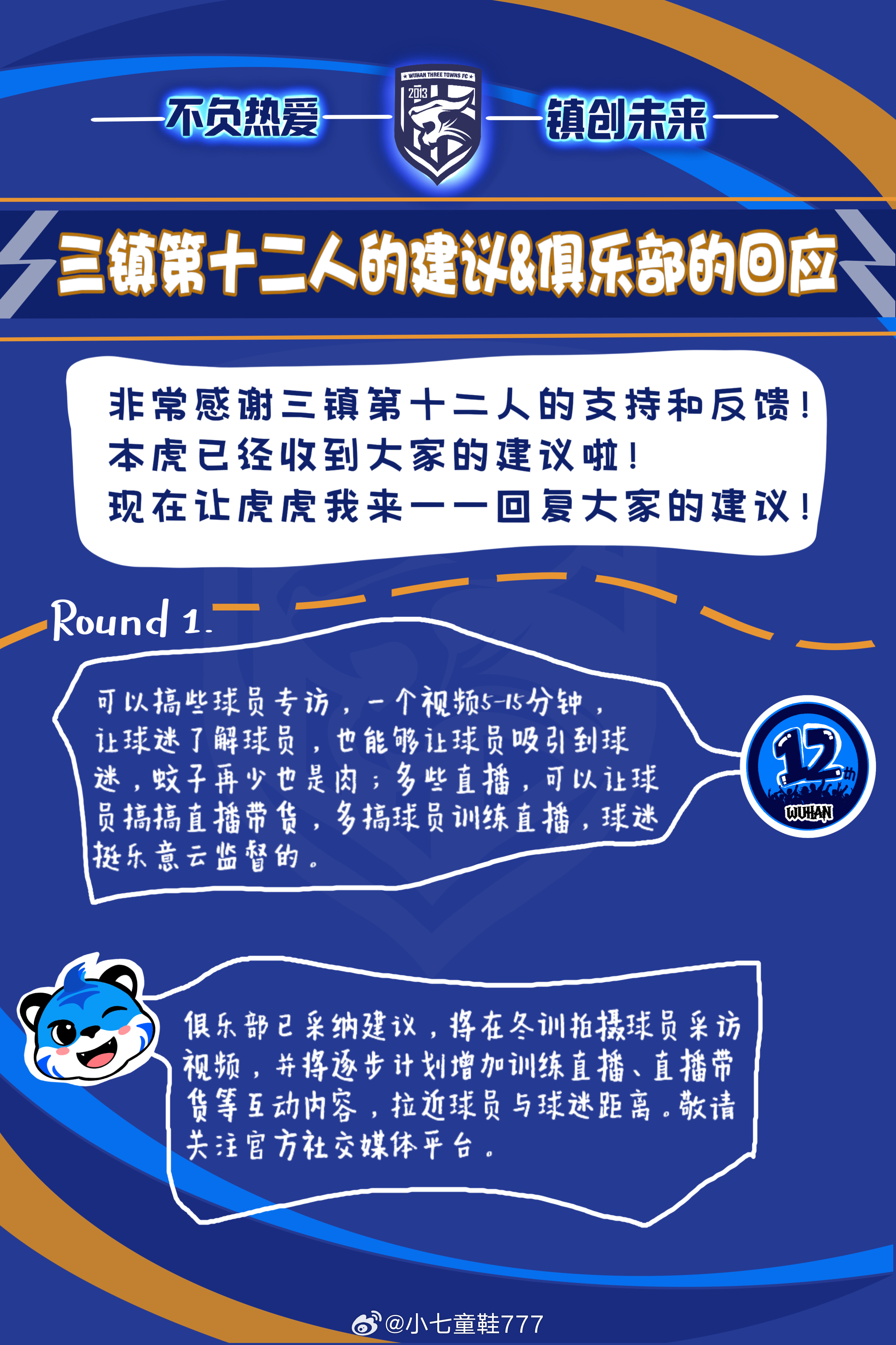 武汉三镇球迷建议及俱乐部回应汇总🔵1. 球迷建议：可以搞些球员专访，一个视频5
