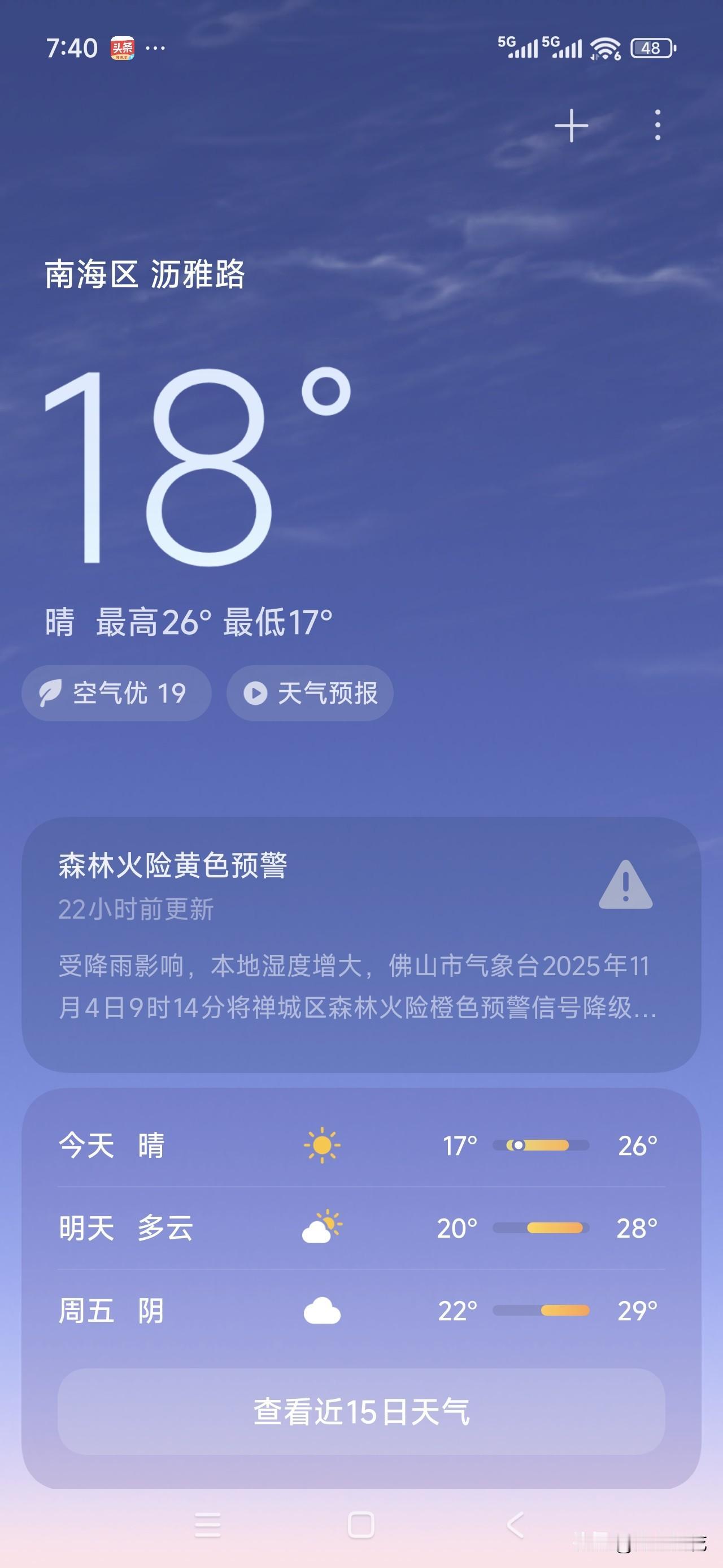 这是今天我所在的地方天气，有没有羡慕的，这舒适度，这17---18℃，哈哈哈，简