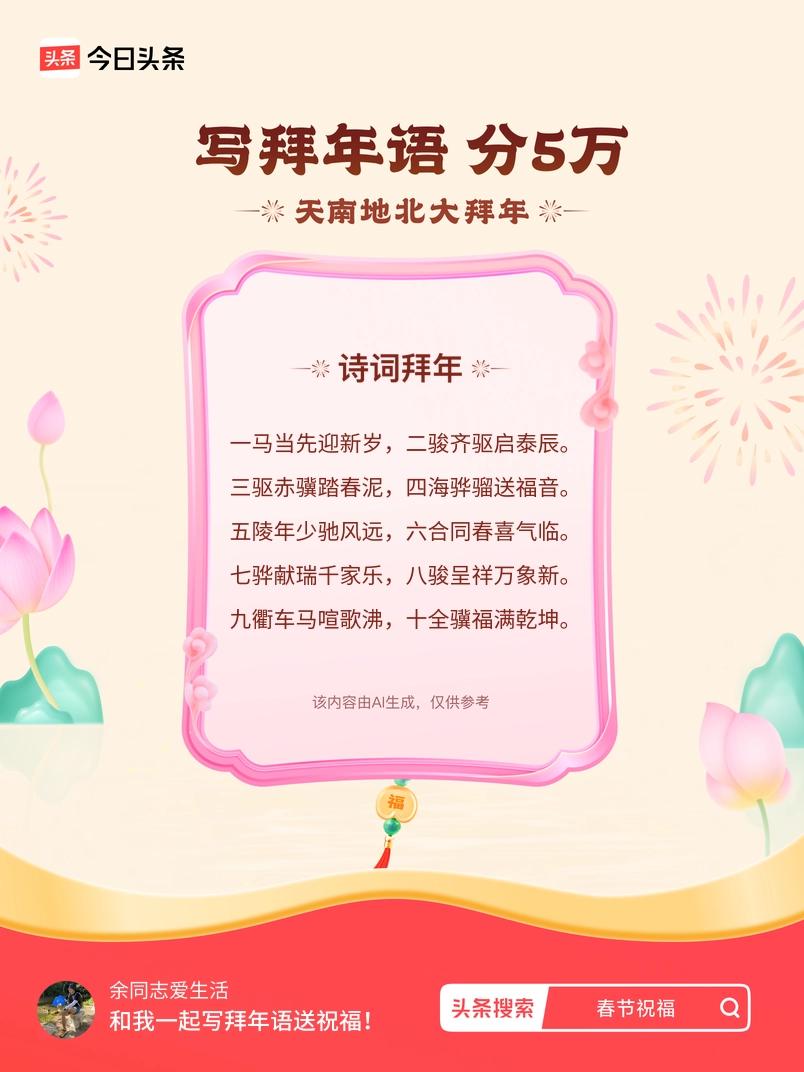 三驱赤骥踏春泥，四海骅骝送福音。 五陵年少驰风远，六合同春喜气临。 七骅献瑞千家