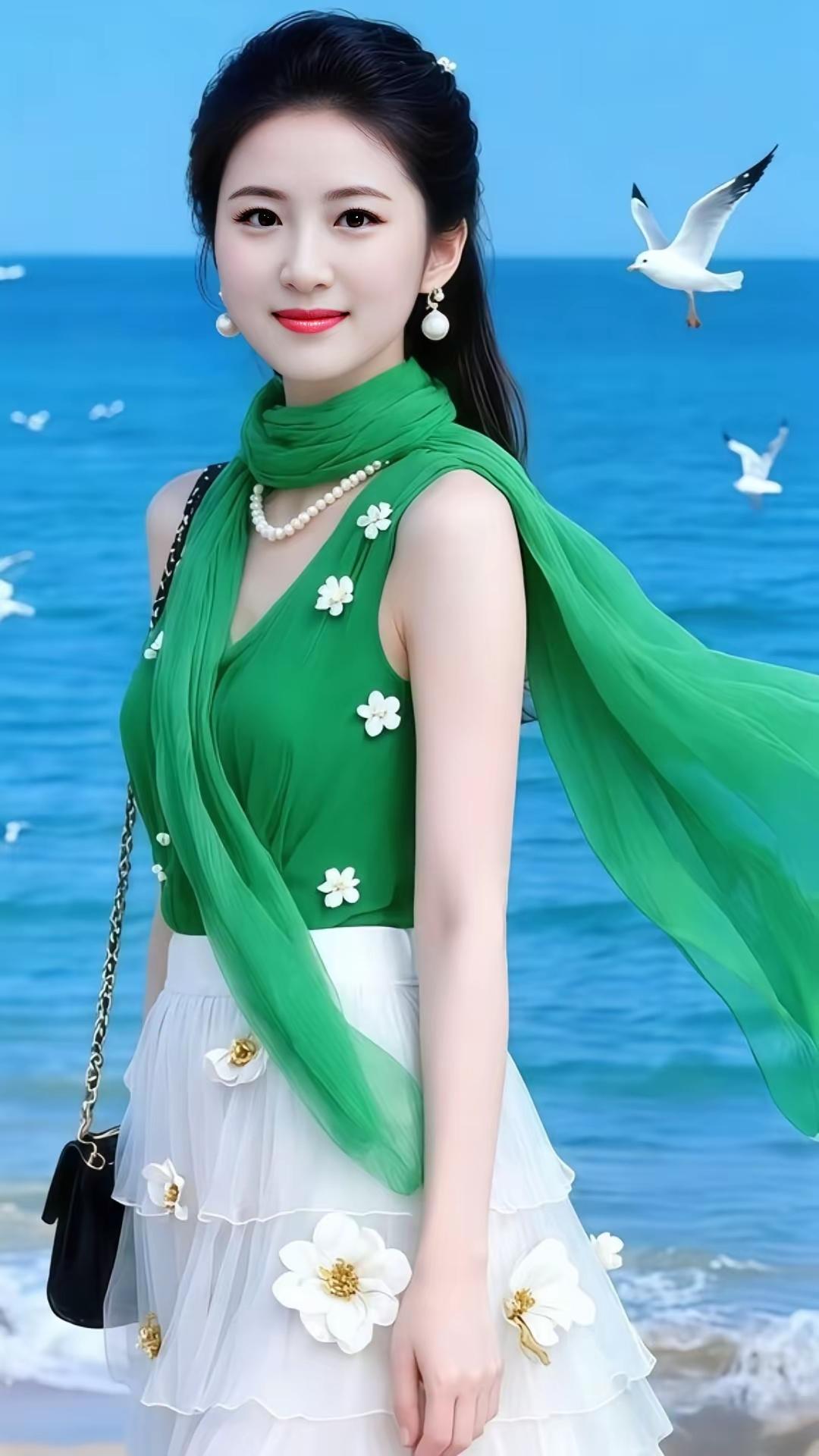 海边漫步，绿意盎然，白裙飘飘，海鸥相伴，清新自然，美丽动人。