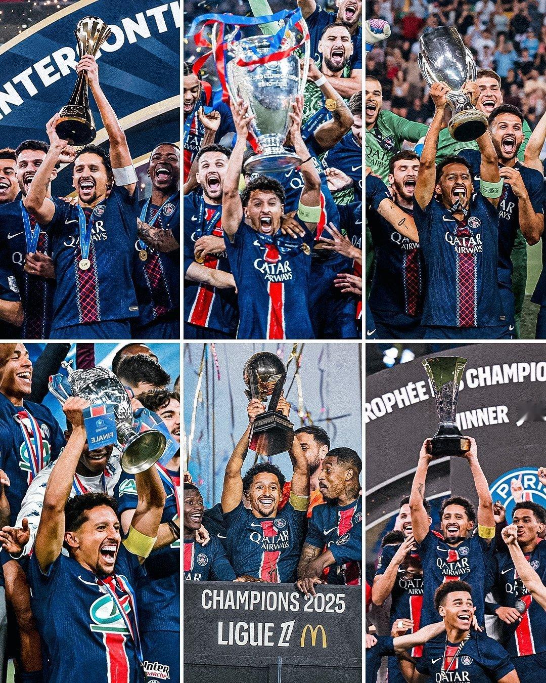 大巴黎2025年获得六冠王。1月法国超级杯决赛，大巴黎1-0摩纳哥✔。4月法甲联