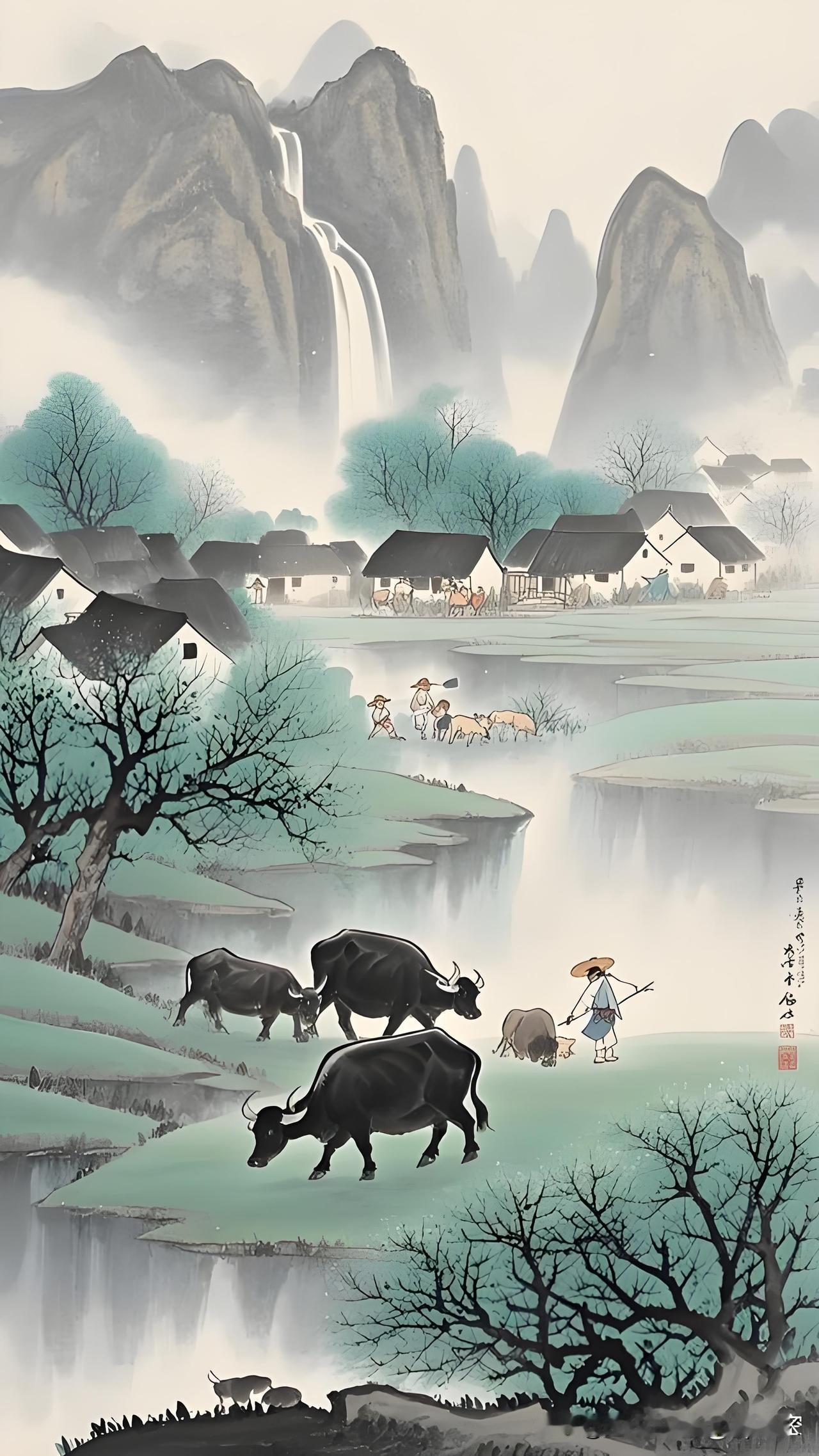 《题方叔所藏马
中远春牧晚归图》
——宋.林表民
一抹东风树色新，
牛羊莽莽散平