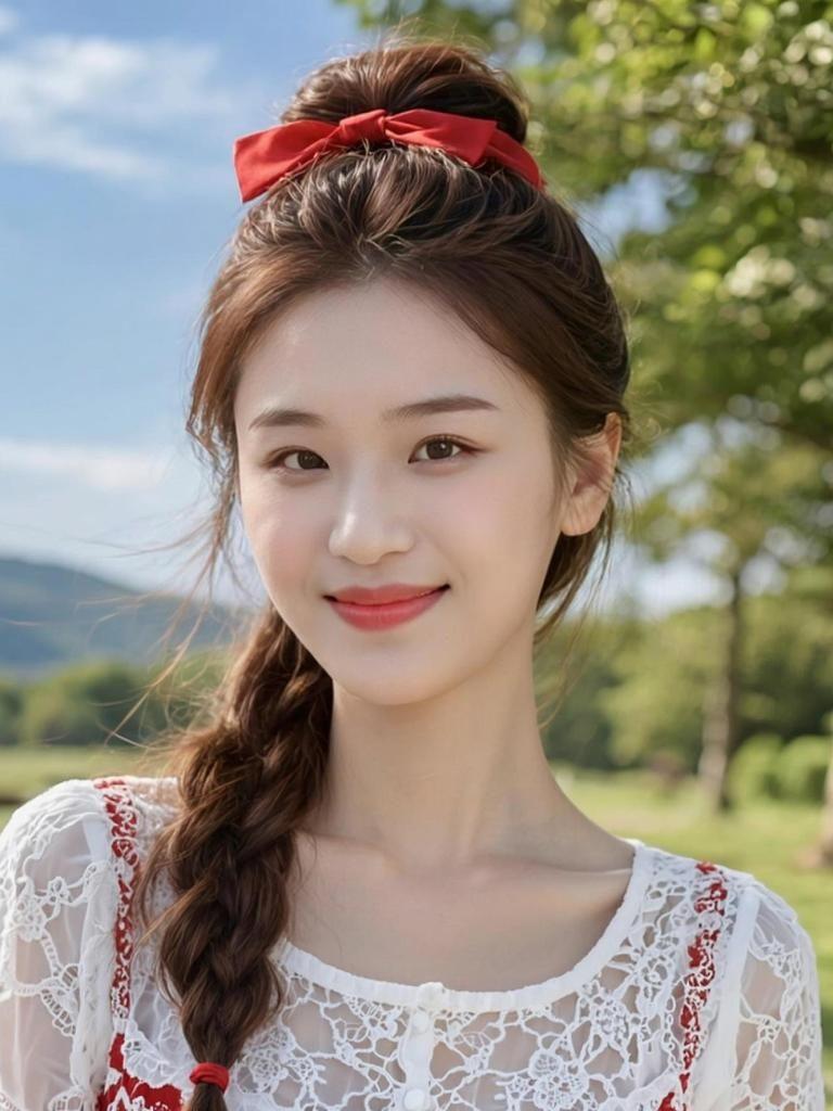 阳光洒在花丛间，微风轻拂，仿佛时间在此刻静止。红色蝴蝶结点缀着青春的气息，白色连