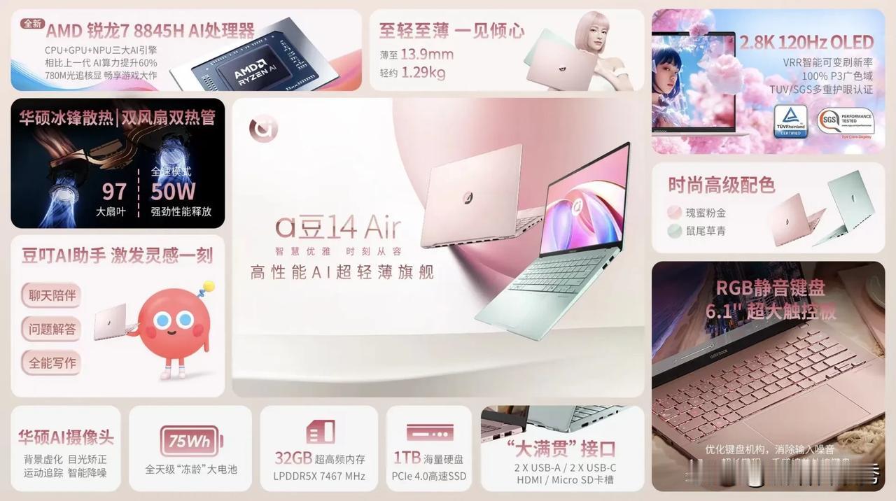 首款女性AI超轻薄本 华硕a豆 14 Air一览👇🏻#华硕a豆14#