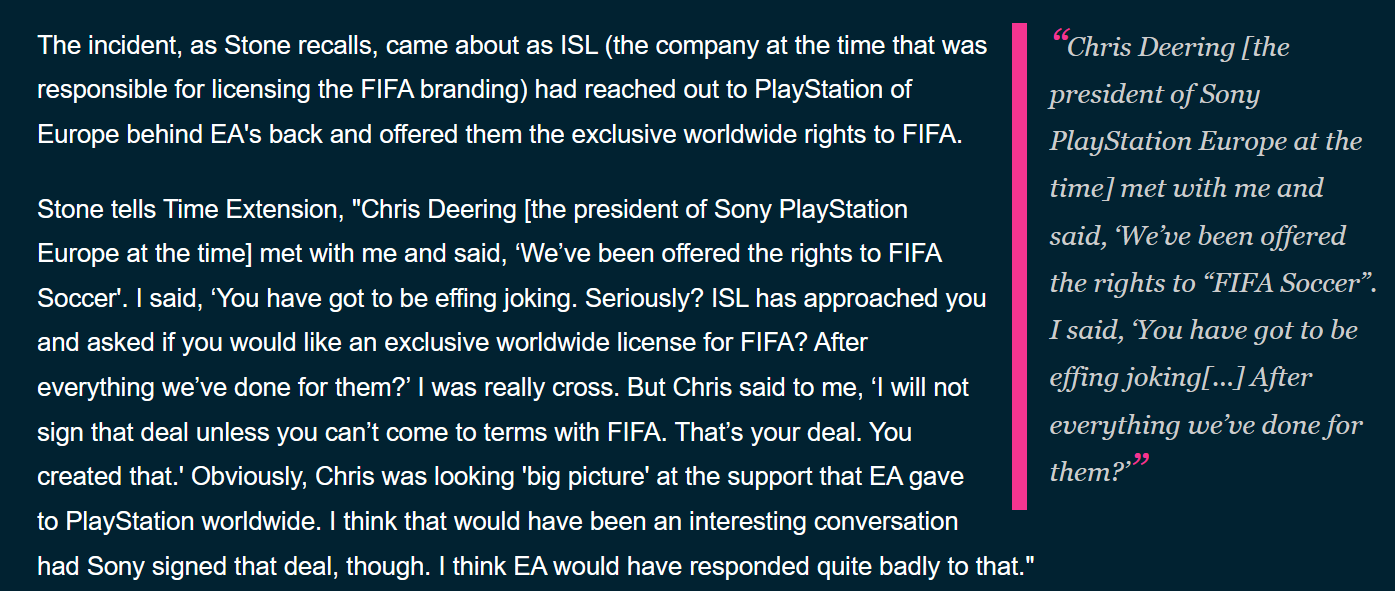 索尼在九十年代曾有机会接手 FIFA 授权，但顾及 EA 最后拒绝交易
