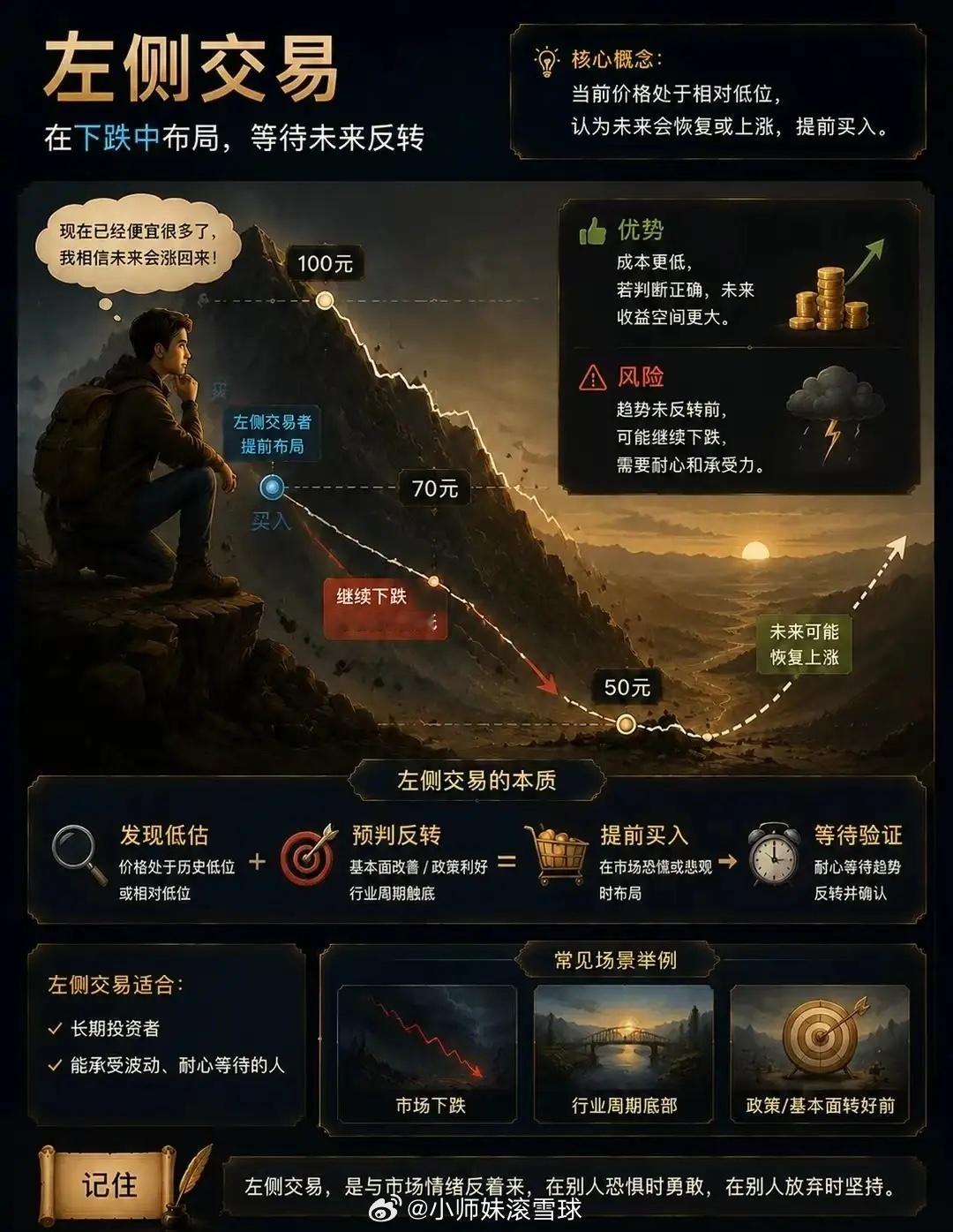 左侧交易 VS 右侧交易左侧交易（逆向交易）在趋势还没反转，下跌途中就提前进场抄