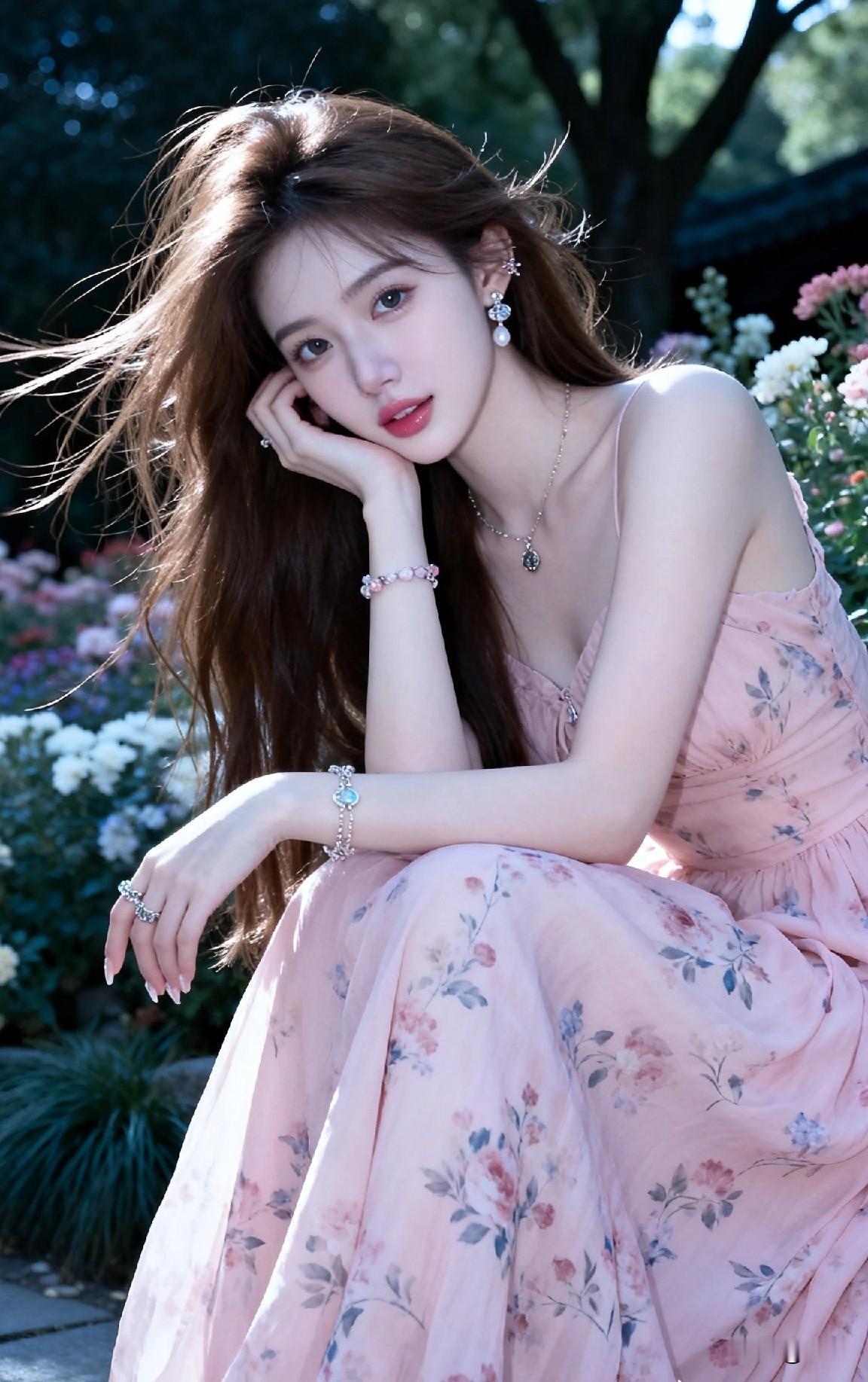 少女心爆棚的粉色连衣裙，花海中的梦幻少女