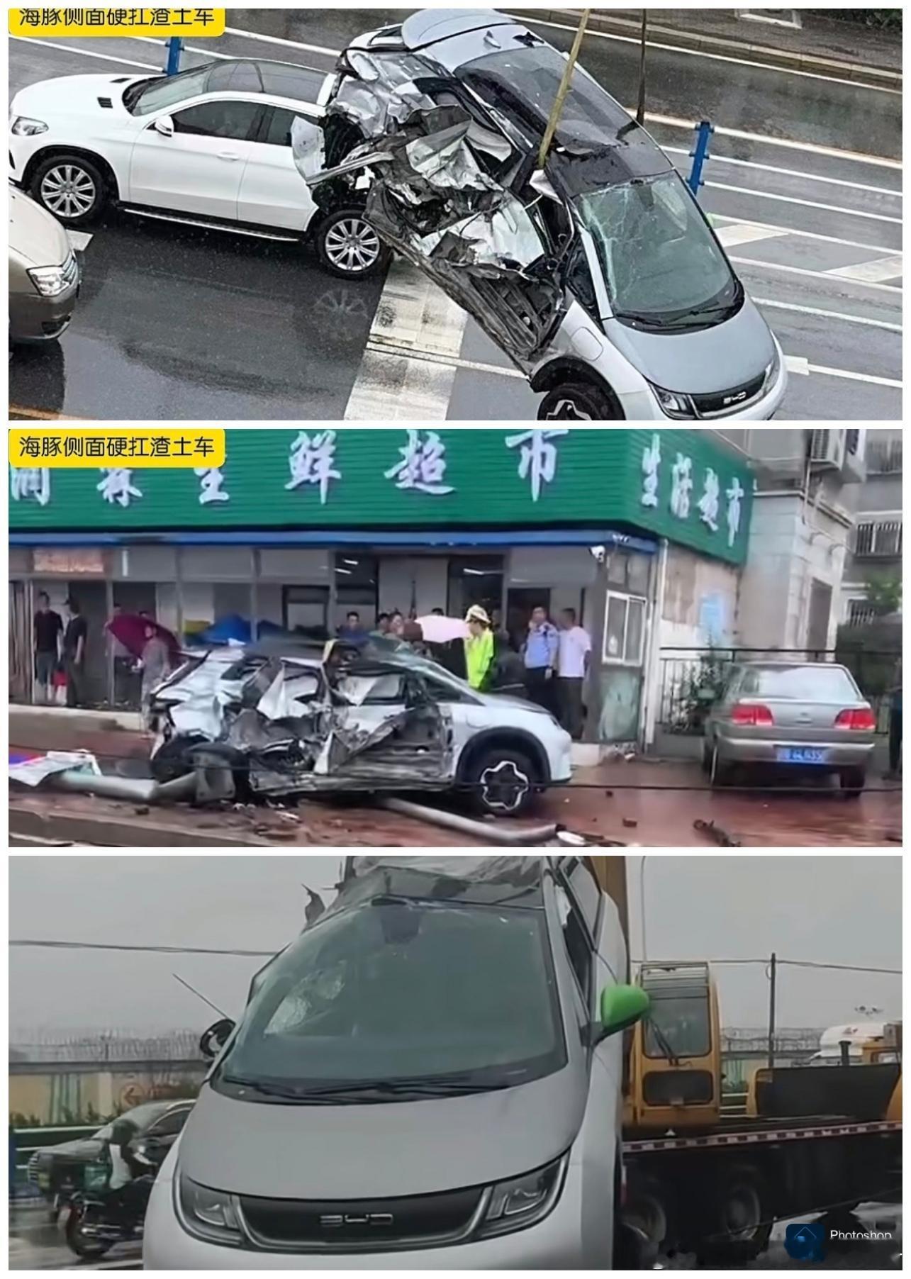 每日安全提醒！行车不规范，亲人两行泪。比亚迪海豚转弯遭遇大货车碰撞，车辆受损严重