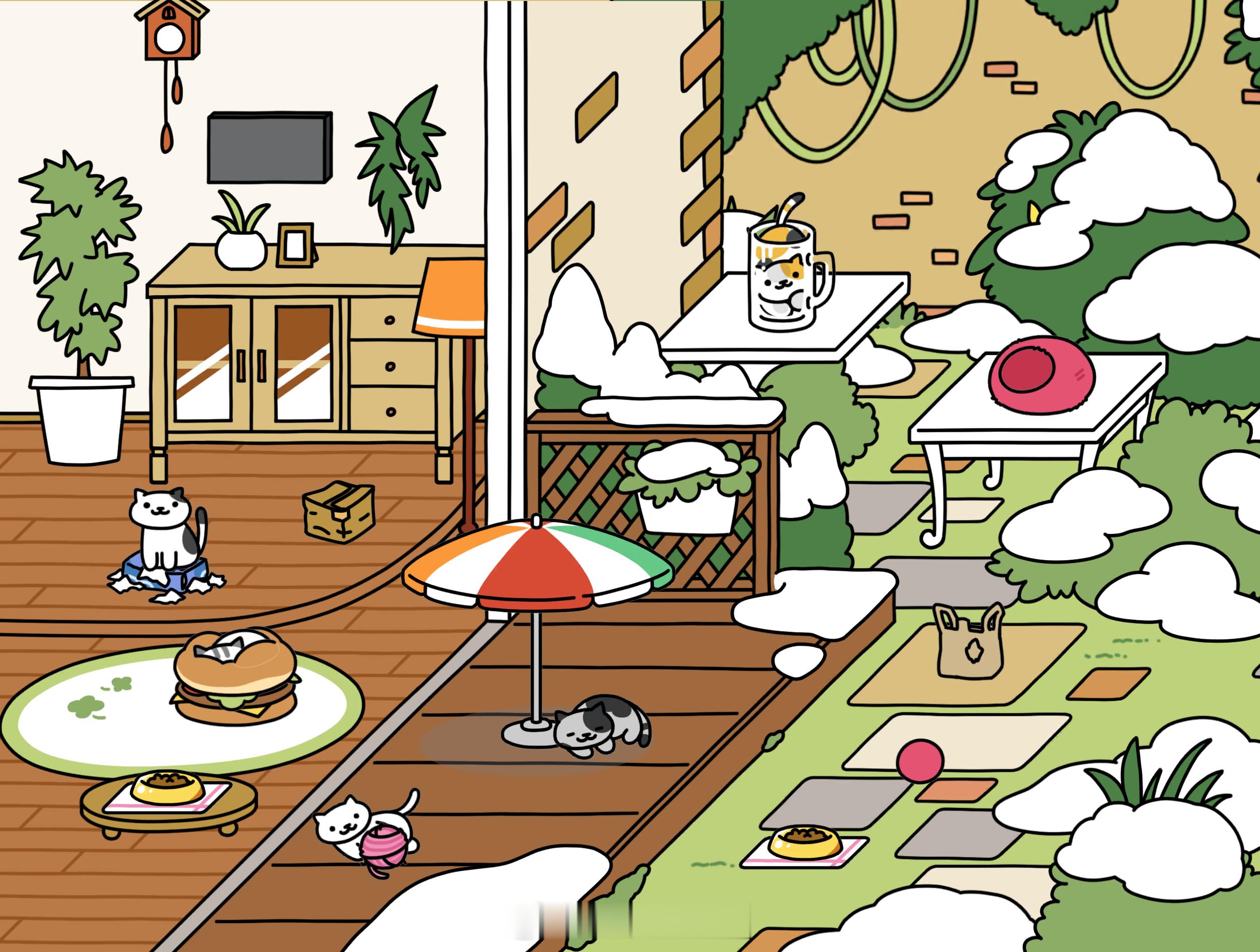 啊啊啊我的猫猫院子里下雪啦居然！音乐也变得不一样了…….续作2比1多了好多小细节
