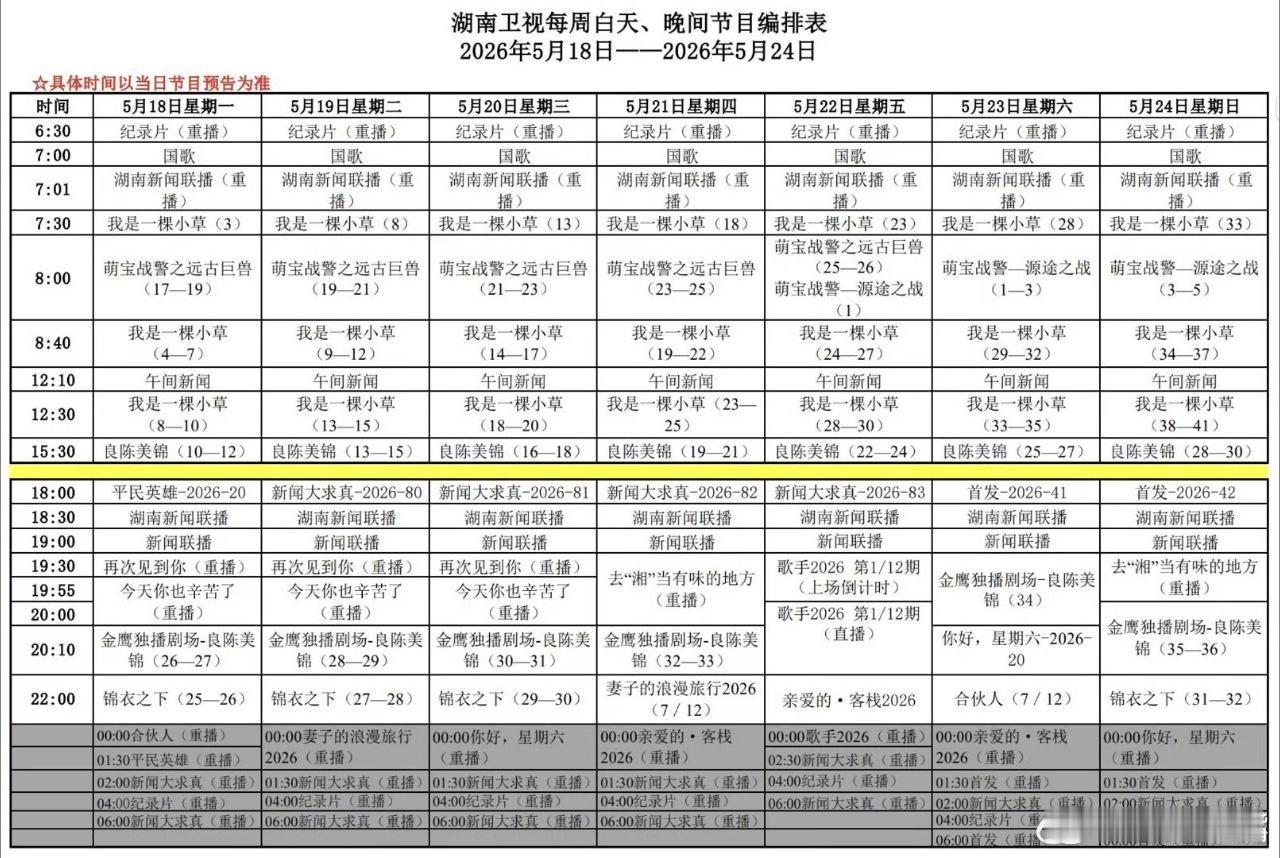 良陈美锦 湖南卫视下周编排：上午剧场：我是一棵小草下午剧场：良陈美锦金鹰剧场：良