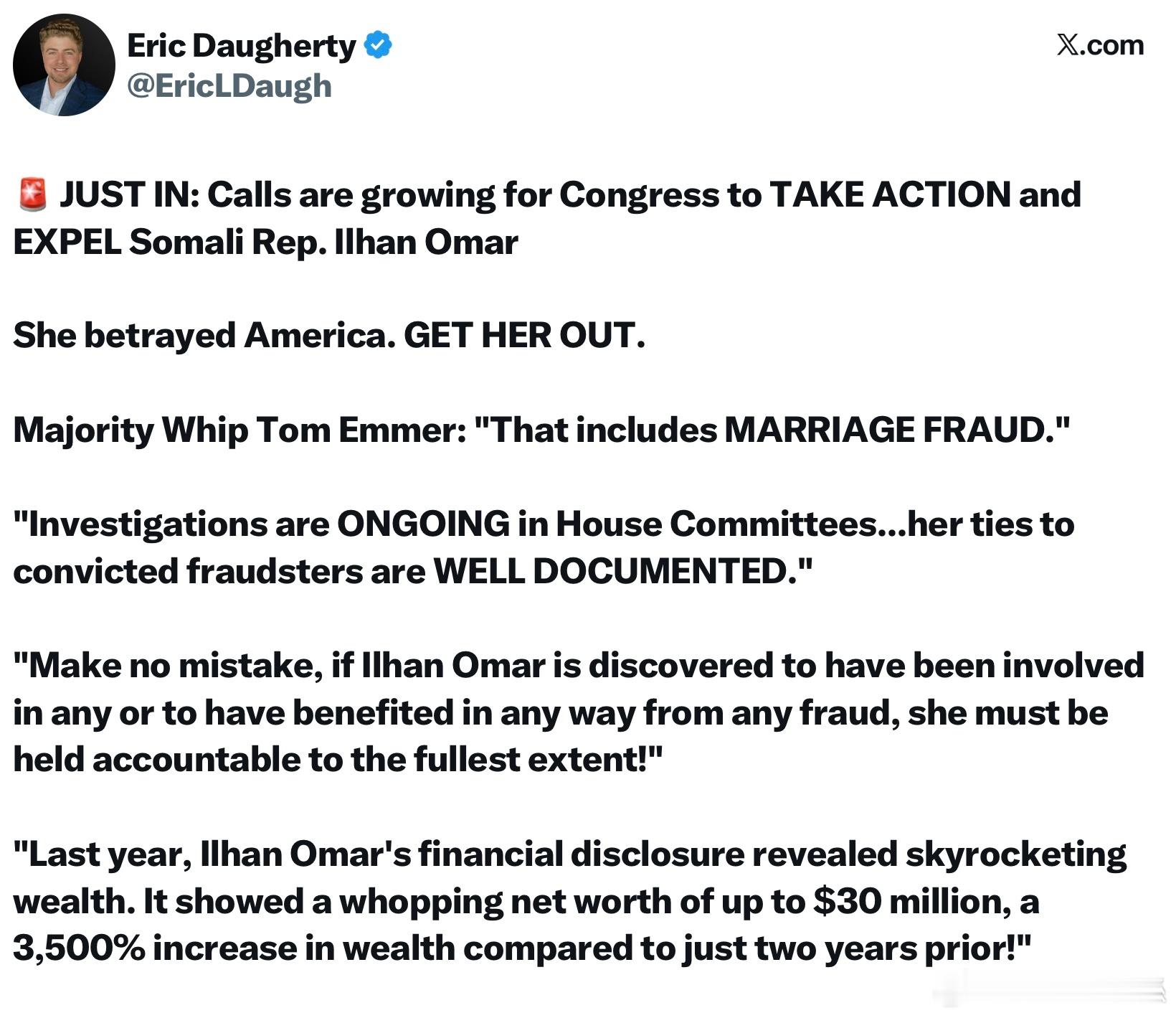 要求國會採取行動、將索馬利裔眾議員伊爾汗·奧馬爾（Ilhan Omar）驅逐出國