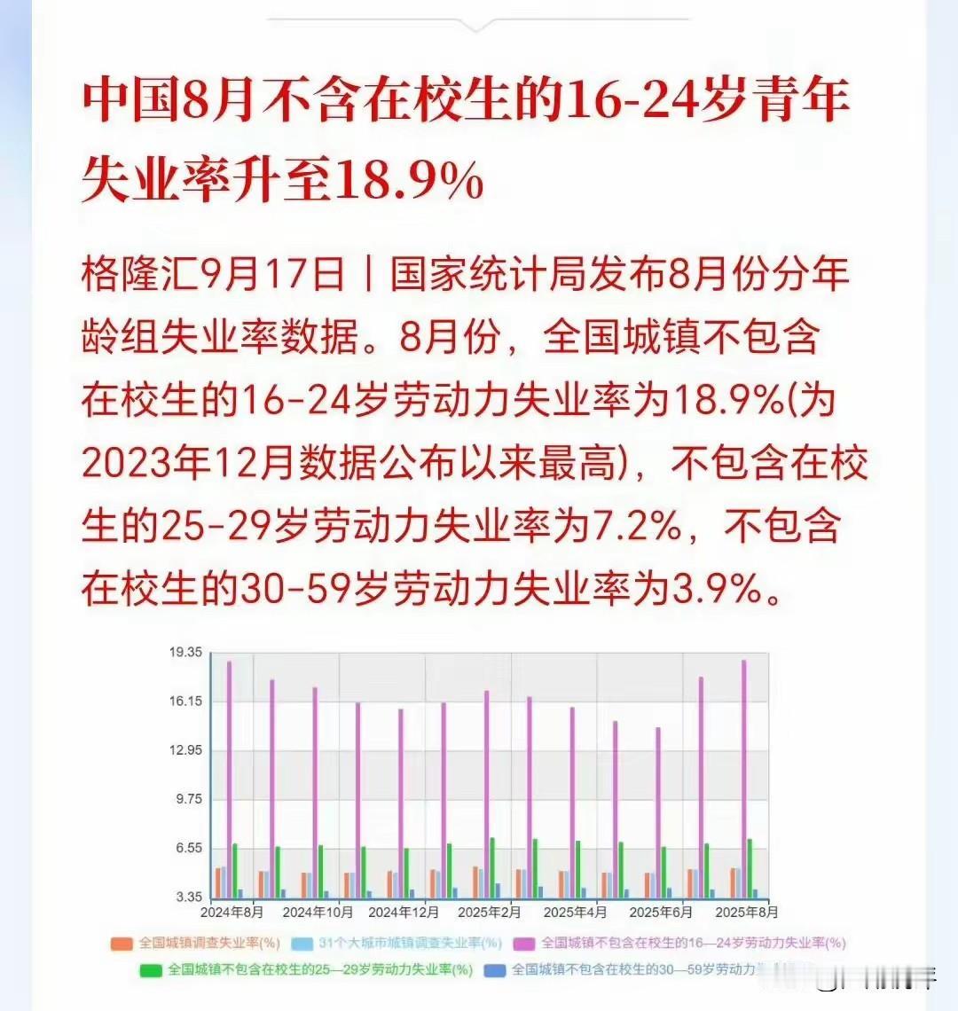 国家统计局发布8月16-24岁年龄段失业率为18.9%，为最近几年最高失业率，其