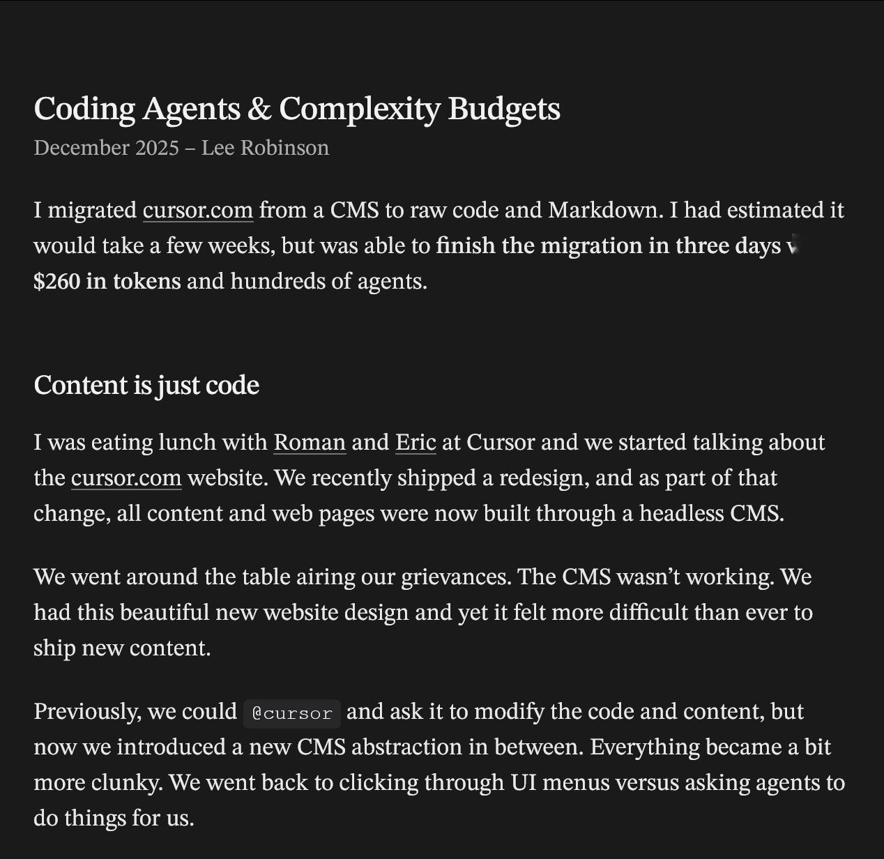 Cursor公司的 Lee Robinson分享了他将Cursor.com网站从