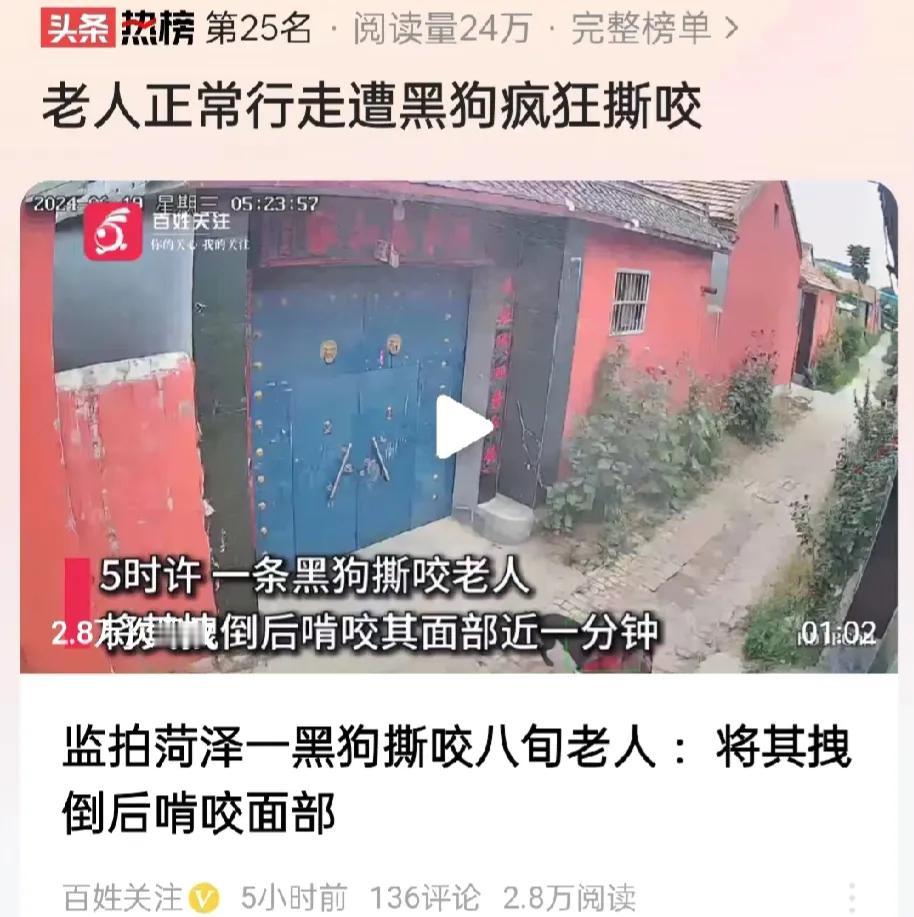 山东菏泽，一名80多岁的老人突然被一名黑狗撕咬一分多钟。老人发出了特别凄惨的喊叫
