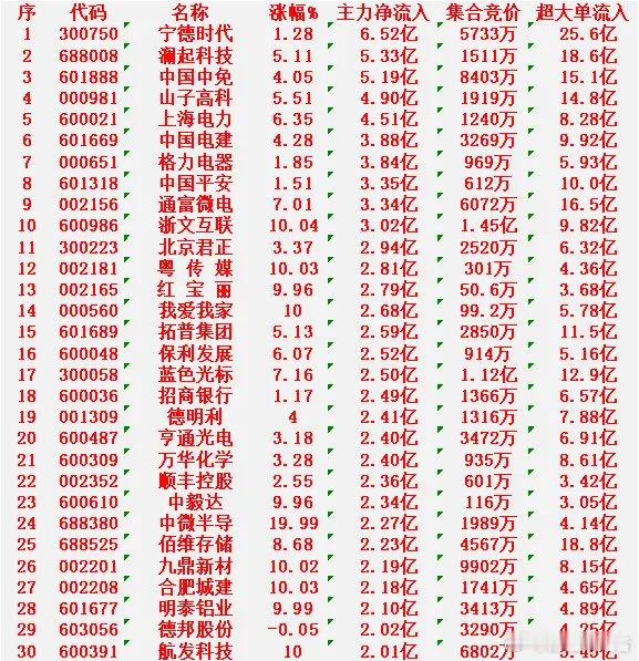 1月20日上午盘，主力趁低位，大幅买入的30名单：宁德时代：涨幅 +1.28%，