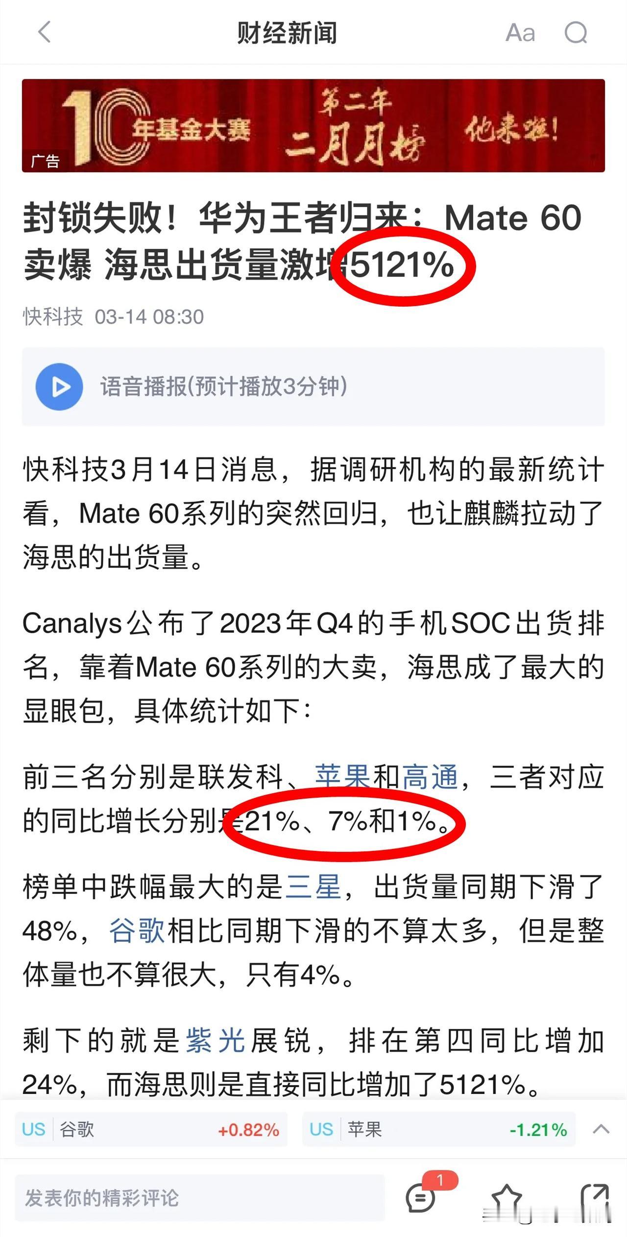 封锁失败，华为王者归来！海思出货量增幅高达5121%！
海思的增幅对应的是联发科