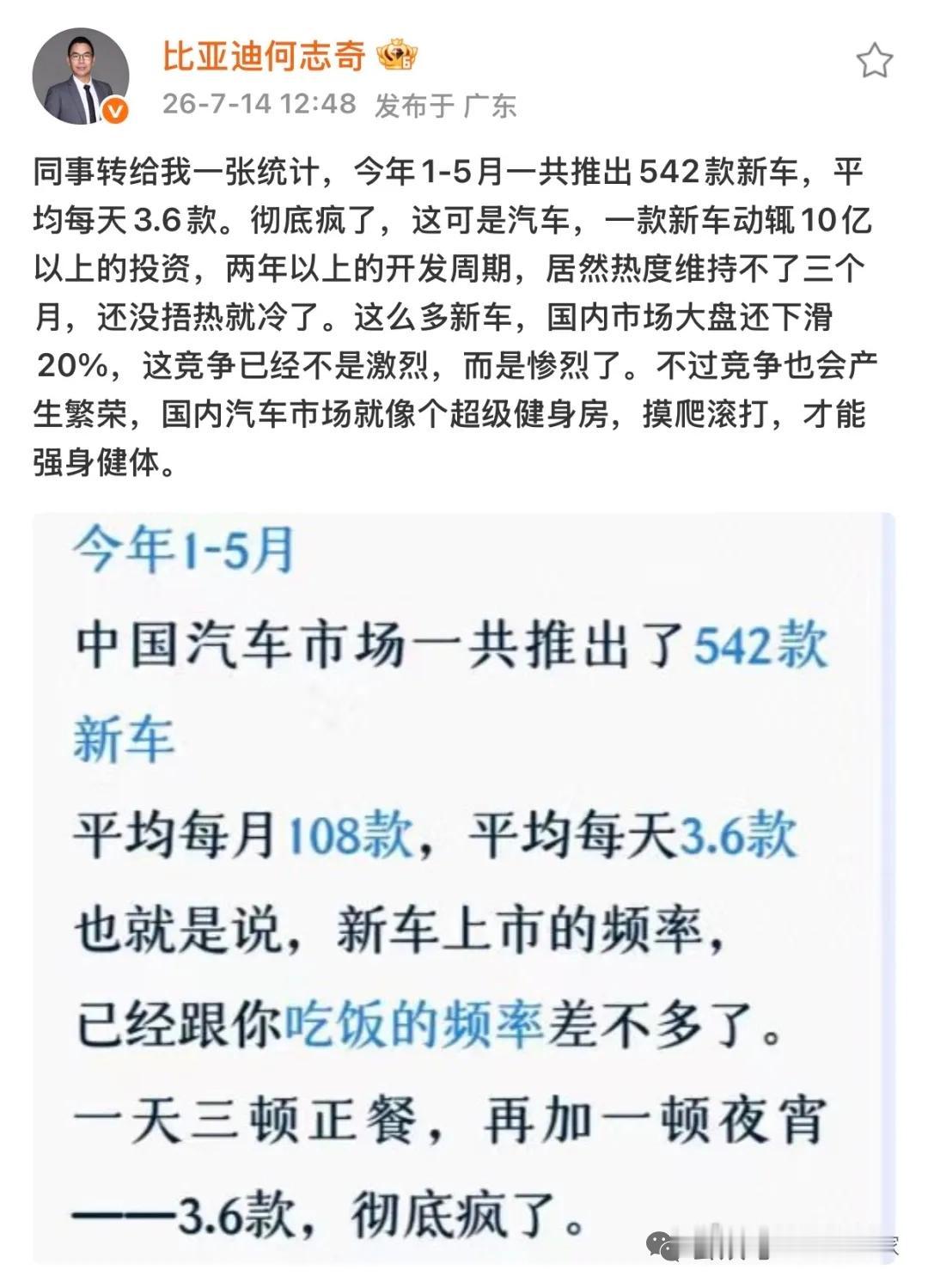 夸张！今年1-5月一共推出542款新车

比亚迪副总裁发微博感慨道，今年的车市竞