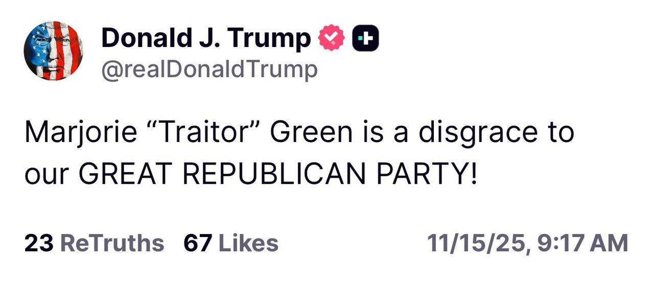 特朗普在社交平台“真实社交”（Truth Social）发布的帖子
“‘叛徒’玛