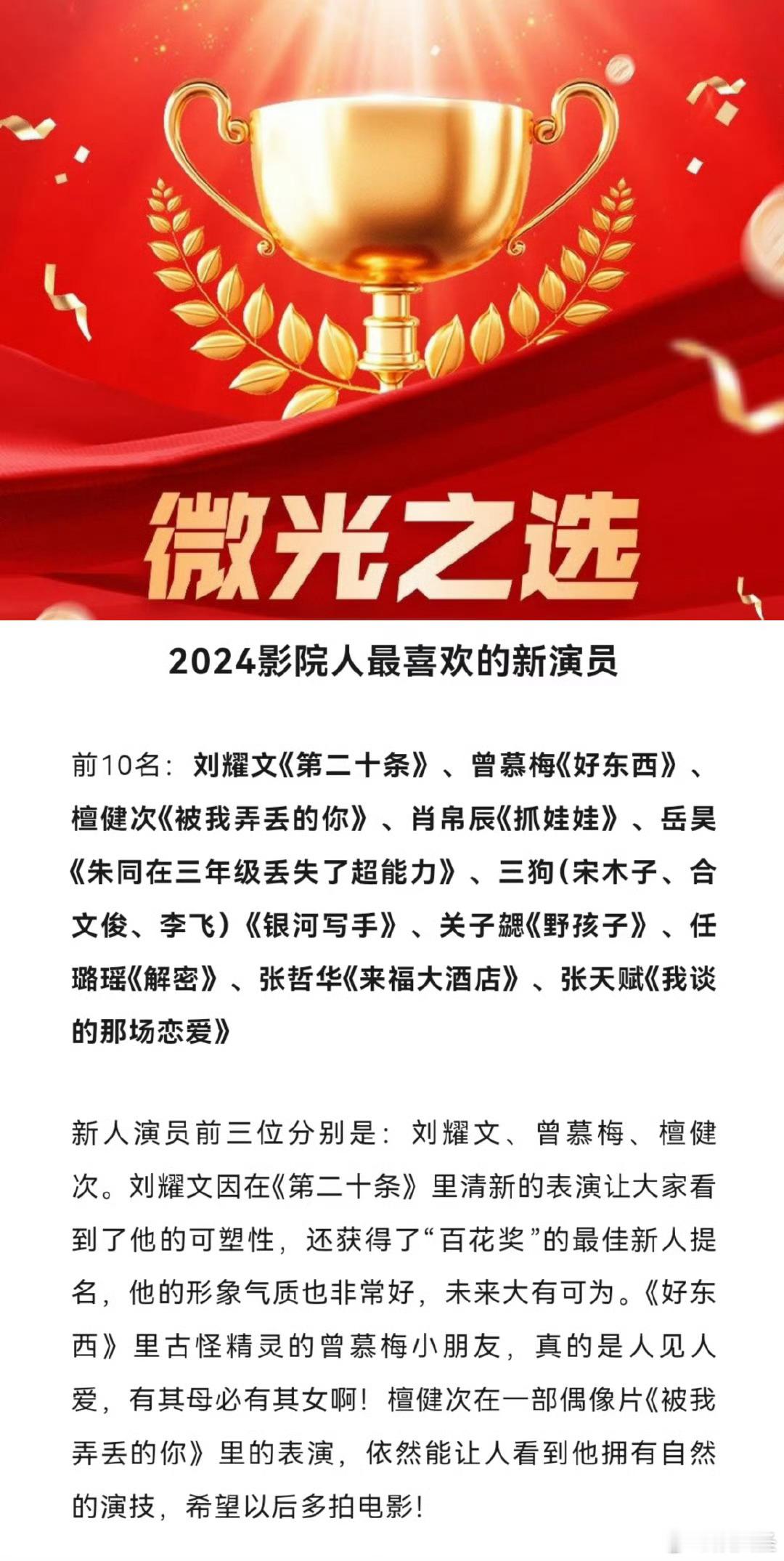 刘耀文获2024影院人最喜欢的新演员 恭喜刘耀文再次登榜！位居2024影院人最喜