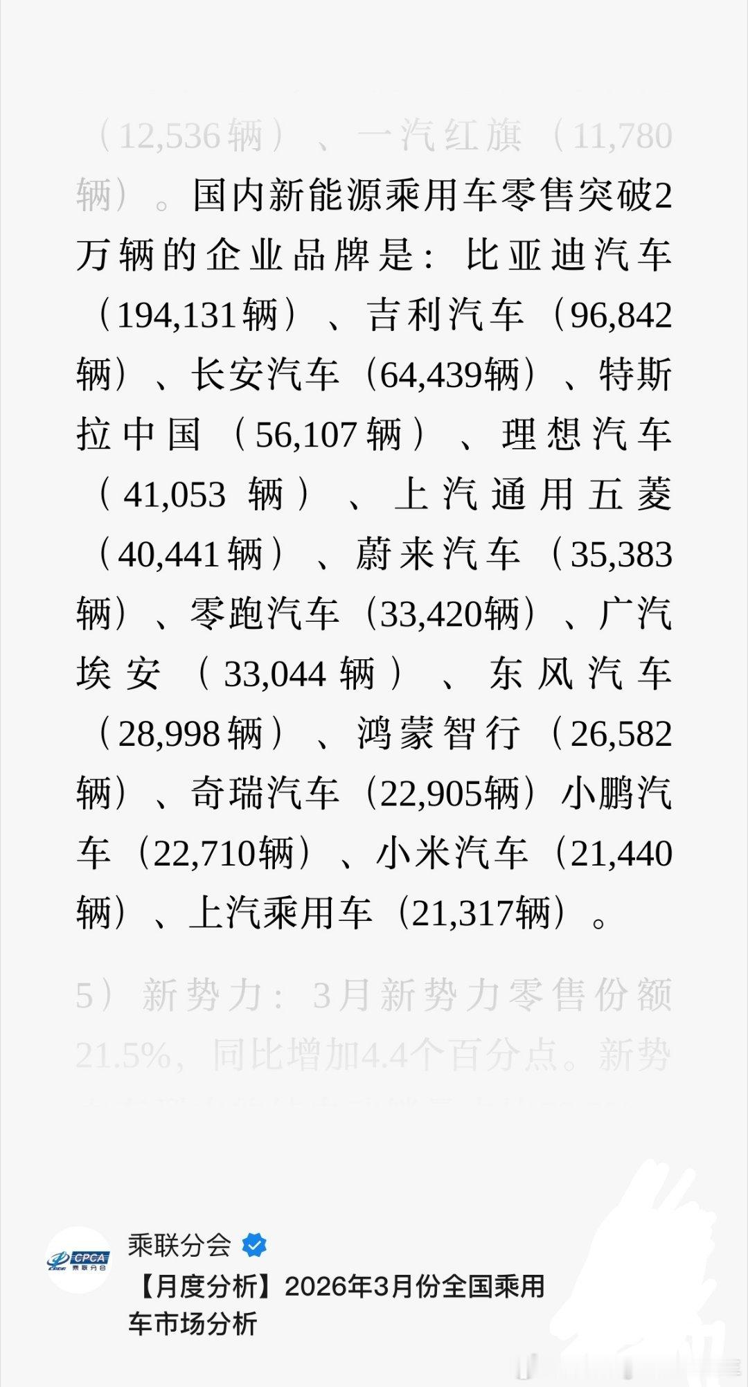 3月销量，根据乘联会数据，小米是21440辆，并不是网传的2.8万辆。鸿蒙智行是