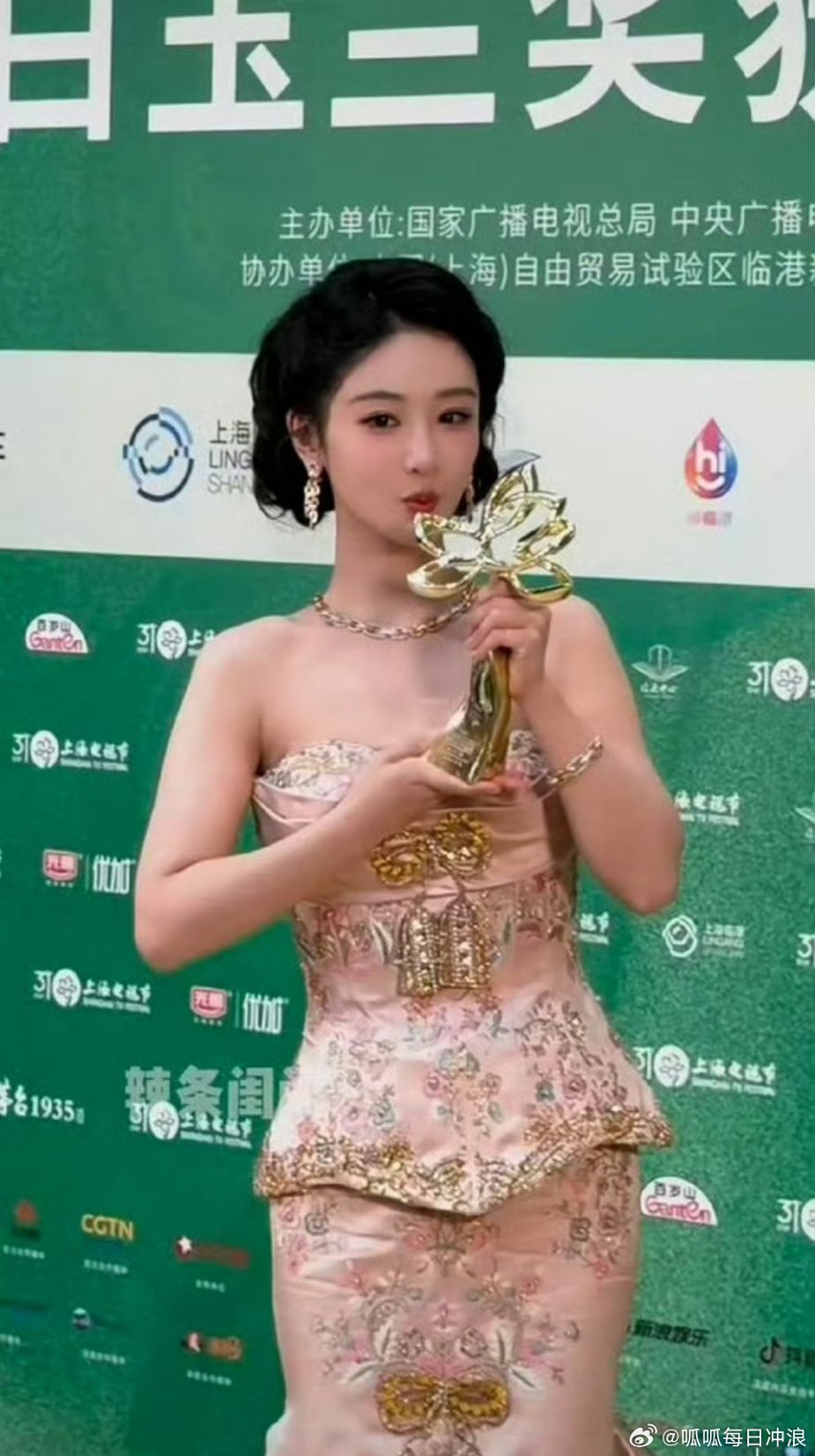杨紫亲吻白玉兰视后奖杯，迪丽热巴拿下金鹰后也亲吻奖杯证书，90花top都有了自己