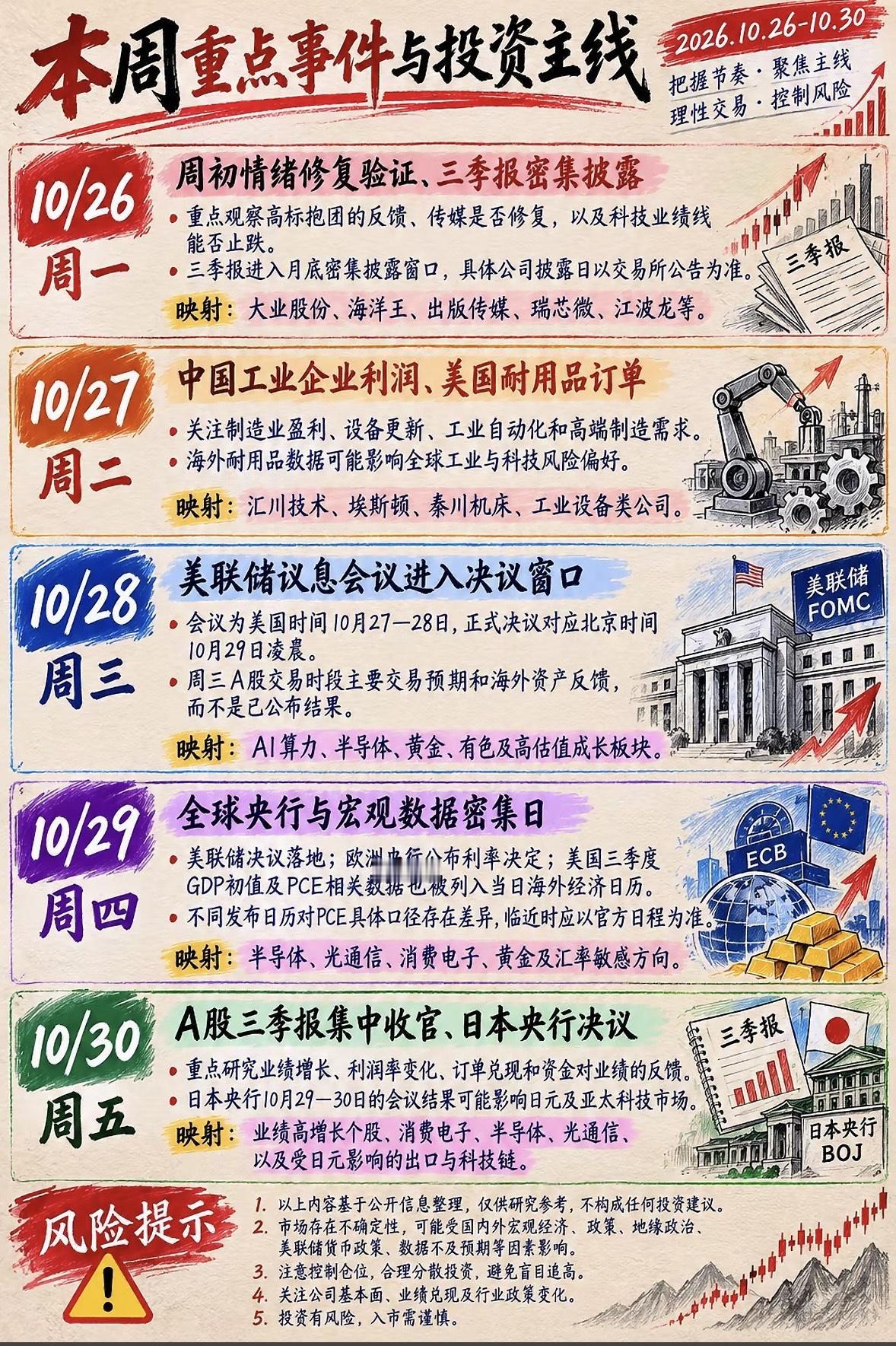 本周重点事件与投资主线一览。

这周盘面走得太分裂了，沪指跌0.69%、创业板指