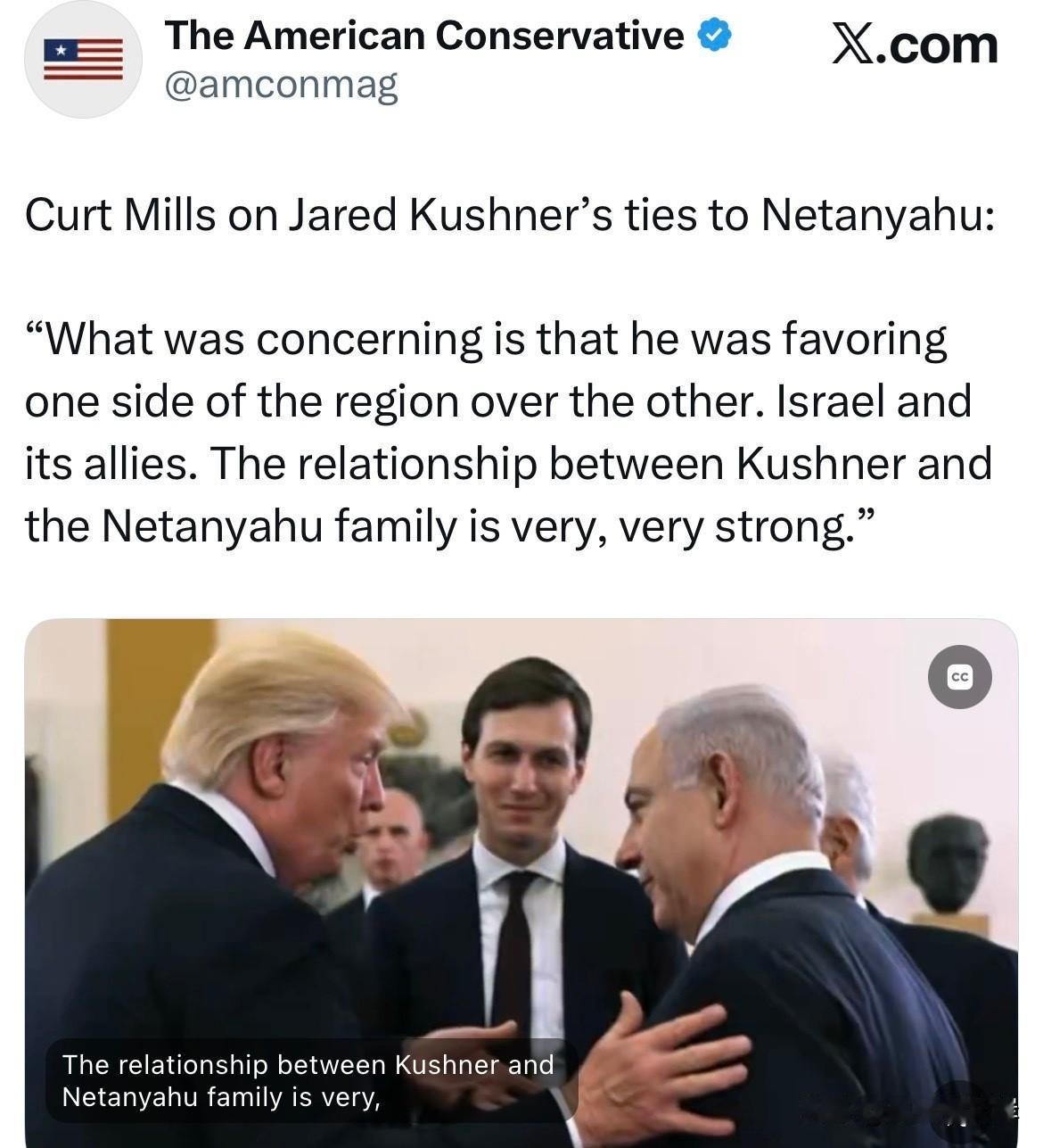 Curt Mills谈及Jared Kushner与内塔尼亚胡的关联时称：
“令