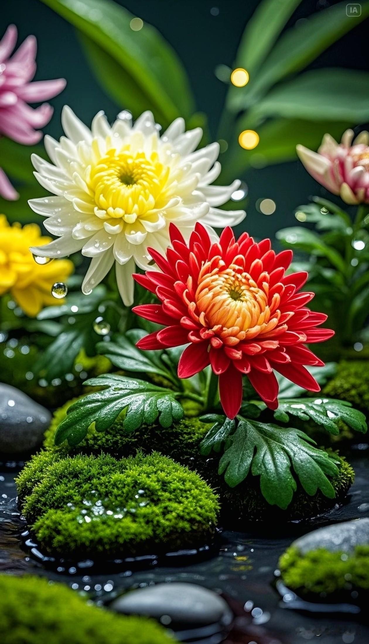 青苔覆石，溪水潺潺，各色秋菊携满身水珠静静绽放。纯白温婉、艳红热烈、红白相间的花