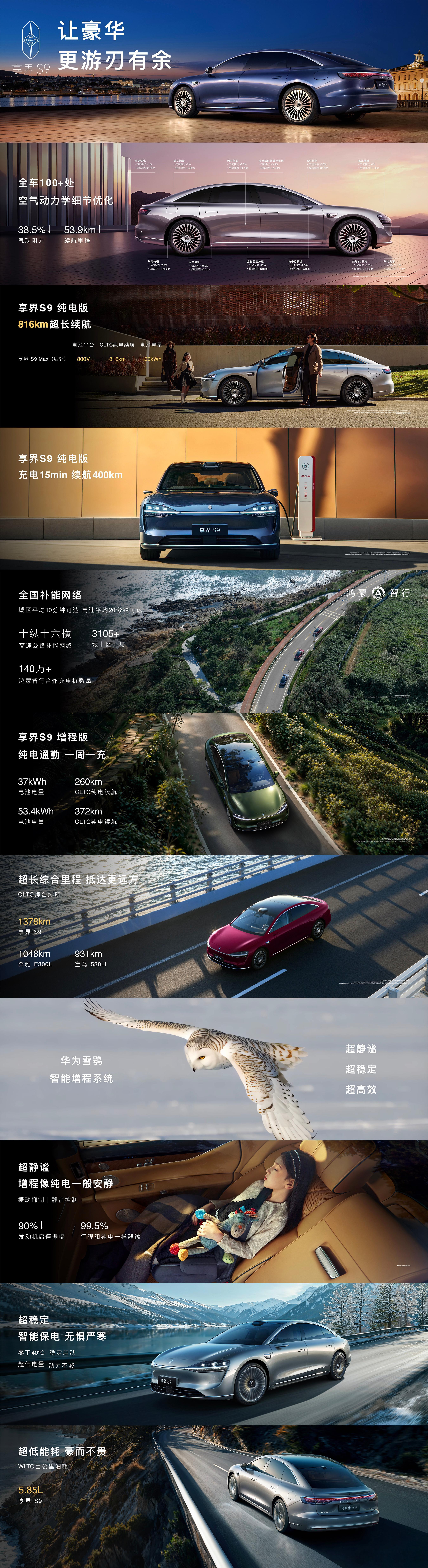 卓越续航，里程无忧。旗舰9系新品，CLTC纯电续航里程最高可达816km，纯电版