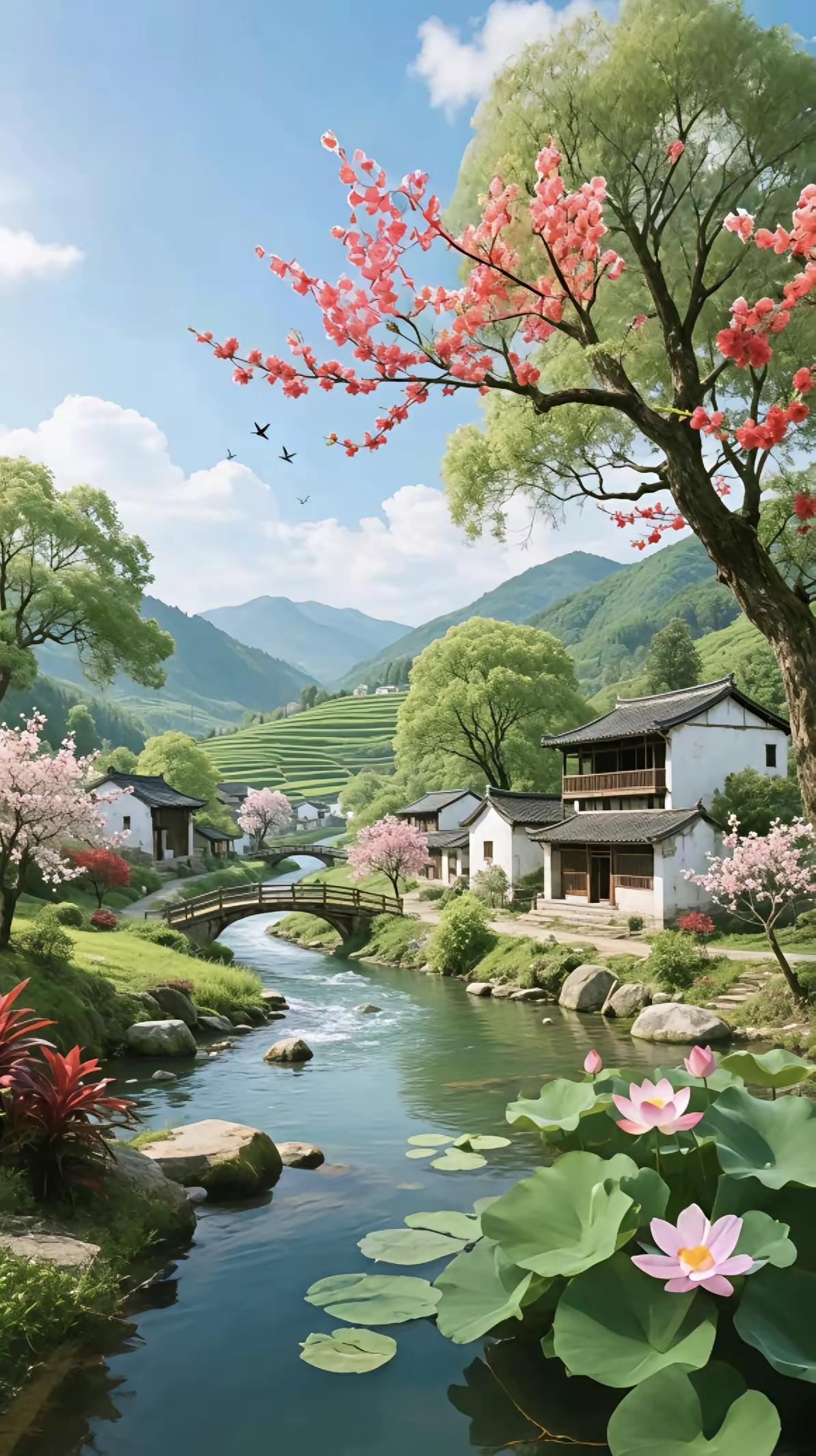 四块玉·村居景
窗乍开，风光在。
小桥流水韵如苔，
垂杨岸畔繁花载。
青黛连，诗