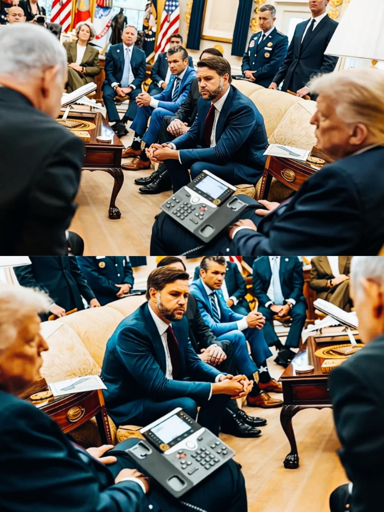 特朗普和万斯的表情都这么严肃，这是在讨论什么事情呢？
特朗普脸上的表情和坐姿，看