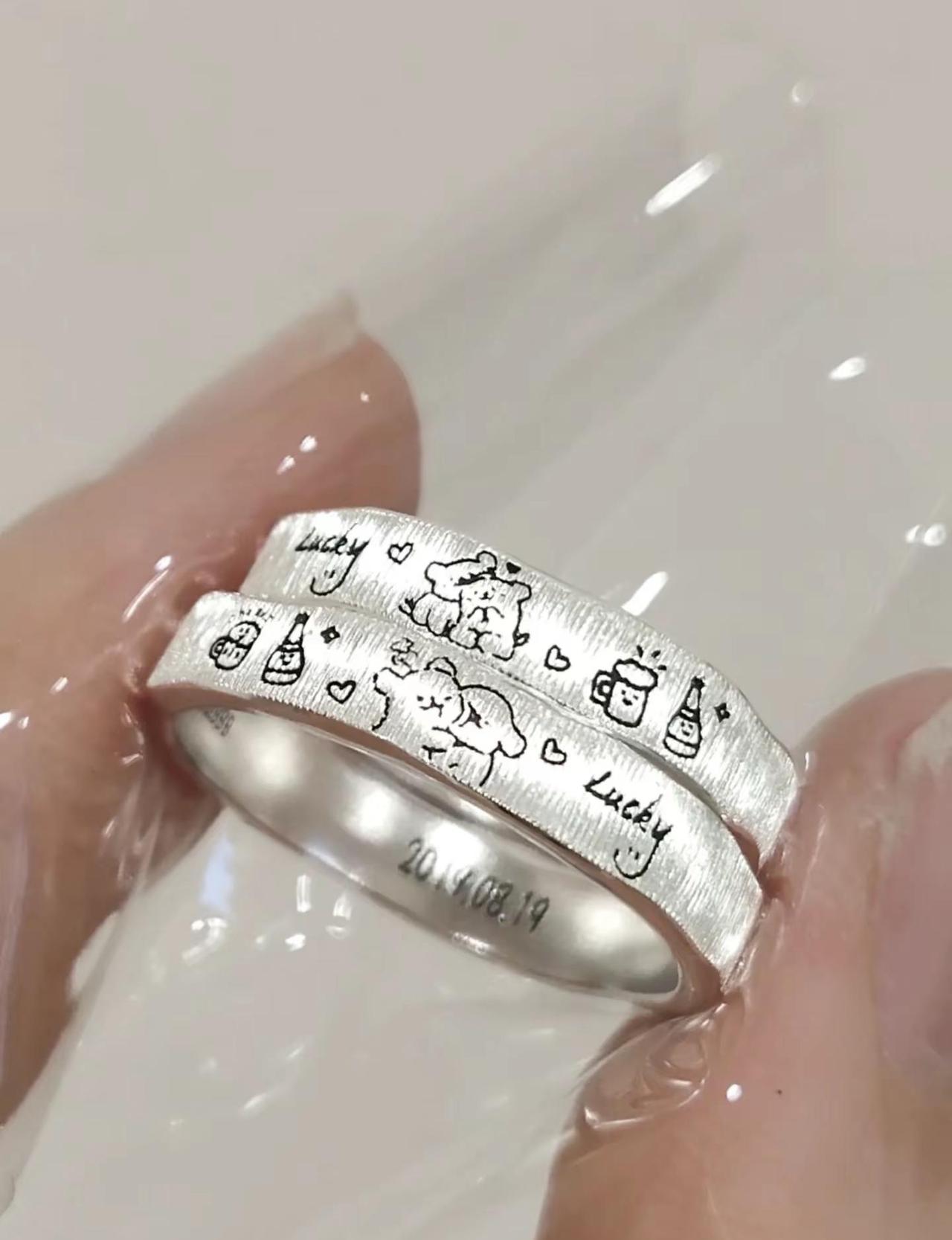 线条小狗的爱，无可替代～情侣戒指 520情侣对戒 这个世界离不开小狗 线条小狗