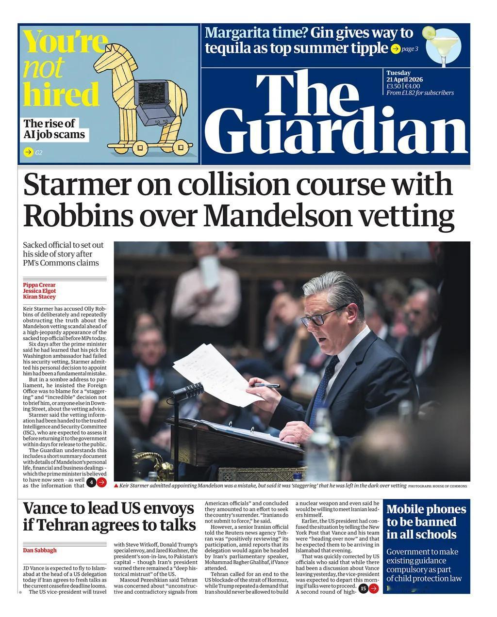 《卫报》报道，英国首相基尔·斯塔默爵士正与被解雇的政府官员奥利·罗宾斯“正面冲突