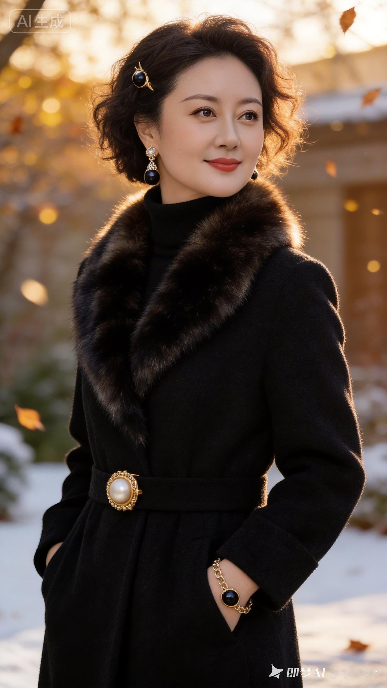 冬日穿搭指南：黑色皮草大衣+珍珠耳环，优雅气质满分！