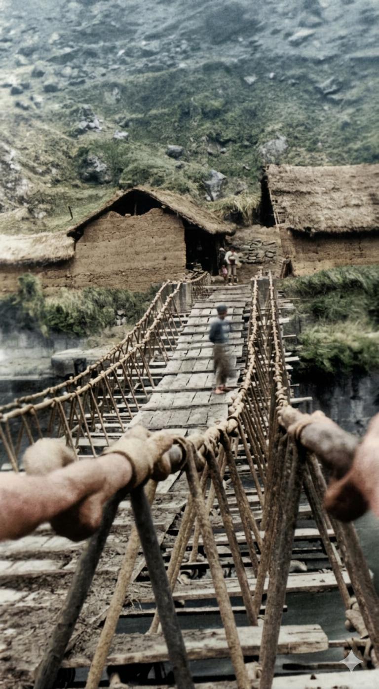 民初，川藏、云贵一带的偏远峡谷，没有现代桥梁技术，当地百姓只能依靠这种索桥跨越天