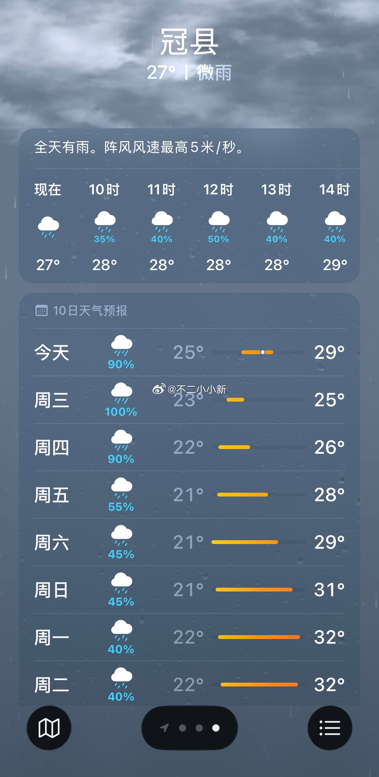 一串的雨啊，不知道天气预报准不准