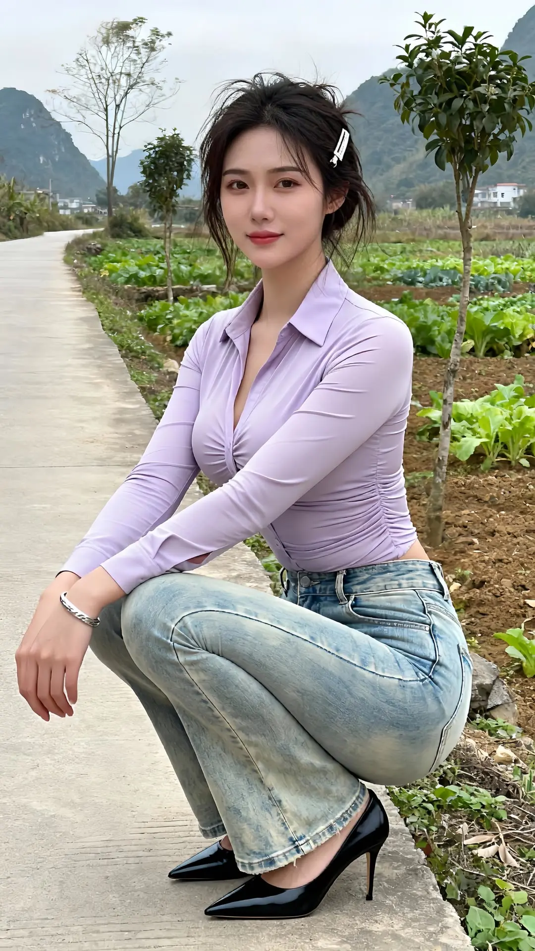 自然风户外拍摄 牛仔裤搭配 高跟鞋