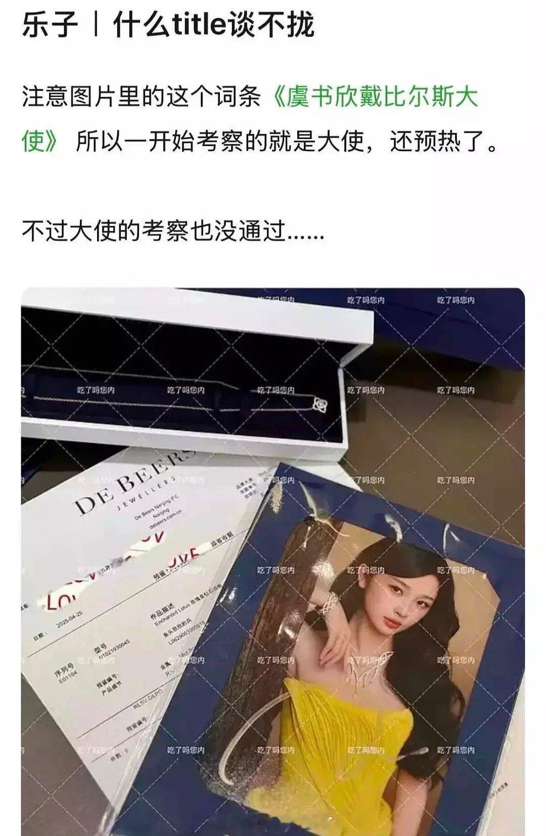 有网友发现虞书欣一开始接触的就是戴比尔斯大使，而且还预热了，只是大使的考察没通过