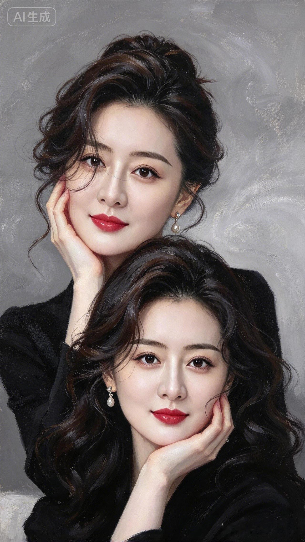 两个美女摆POSE，背景灰色。