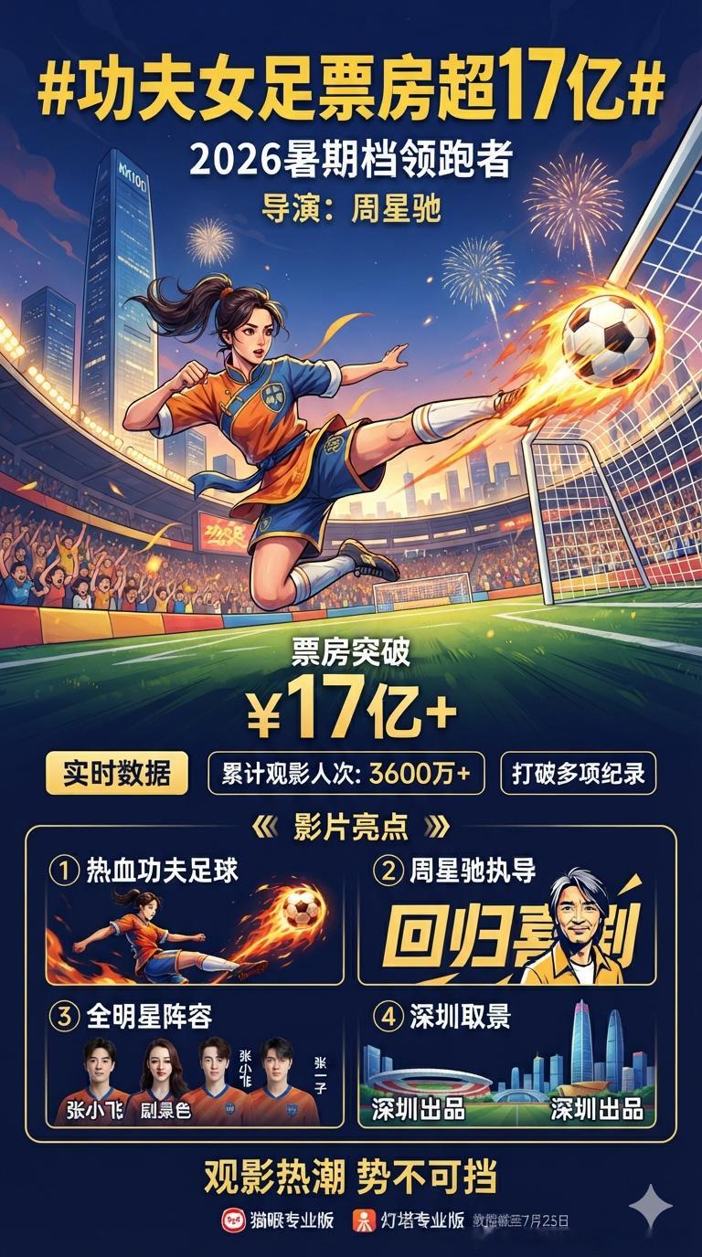 功夫女足票房超17亿 周星驰执导的电影《功夫女足》在中国内地总票房（含预售）已正