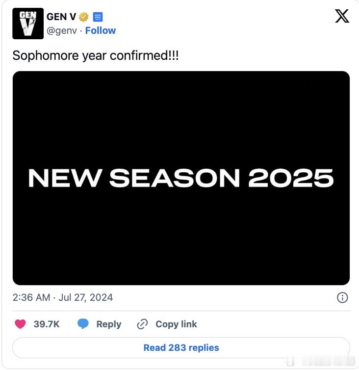 【《V世代》第二季2025年播】黑袍衍生剧《V世代》官推宣布，第二季将于2025