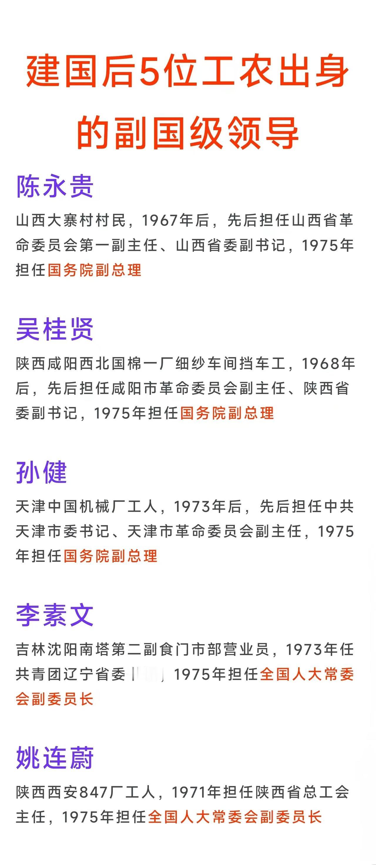 建国后5位工农出身的副国级领导分别是谁？其中包括3位国务院副总理，2位全国人大常